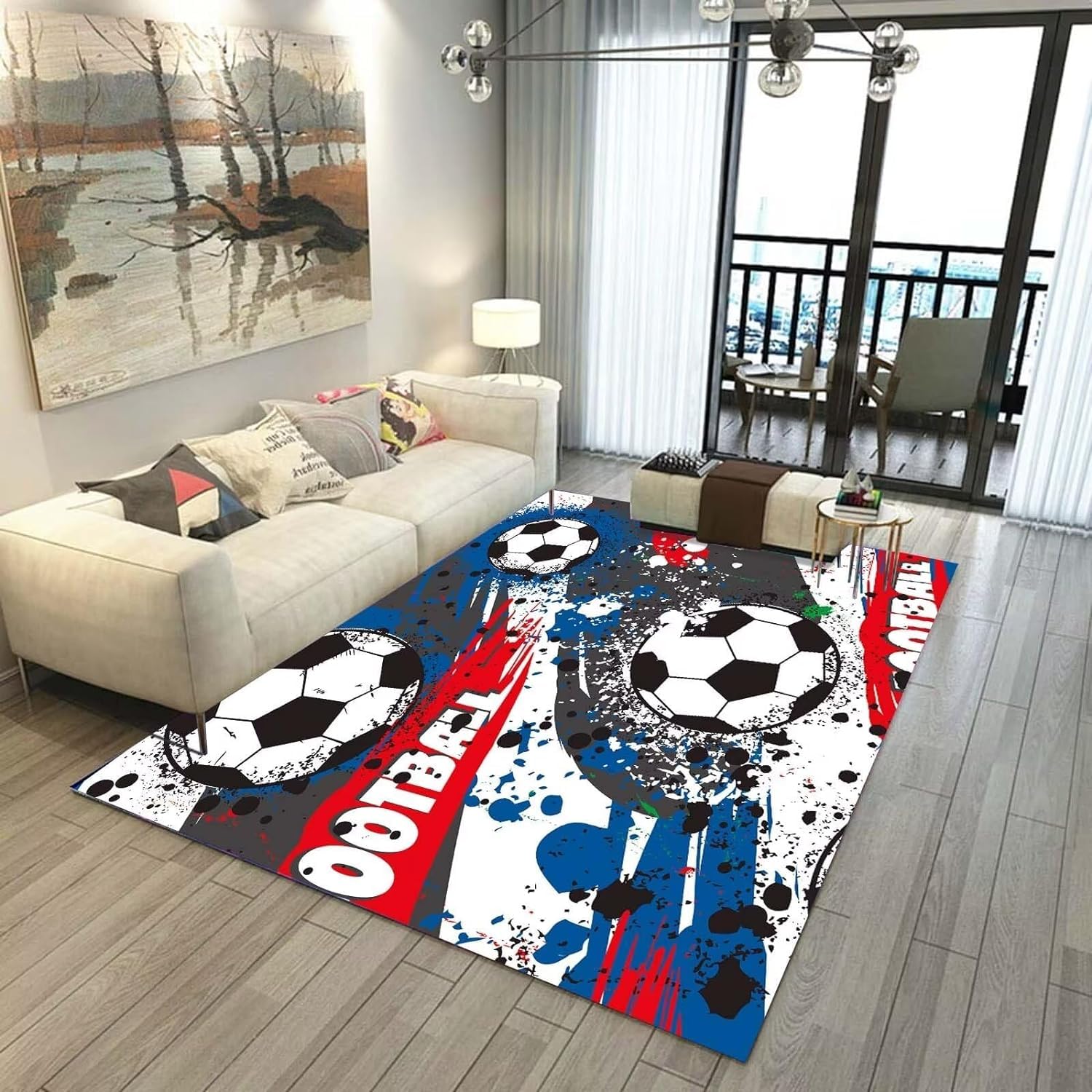 Xisnuient Football Rugs Boys Bedroom Living Room Rug Large 3D Graffiti Football Pattern Rug Blue Green Football Carpet Kids Teens Gaming Mat Washable Nursery Rug Runner Doormat (Red,80x120cm)