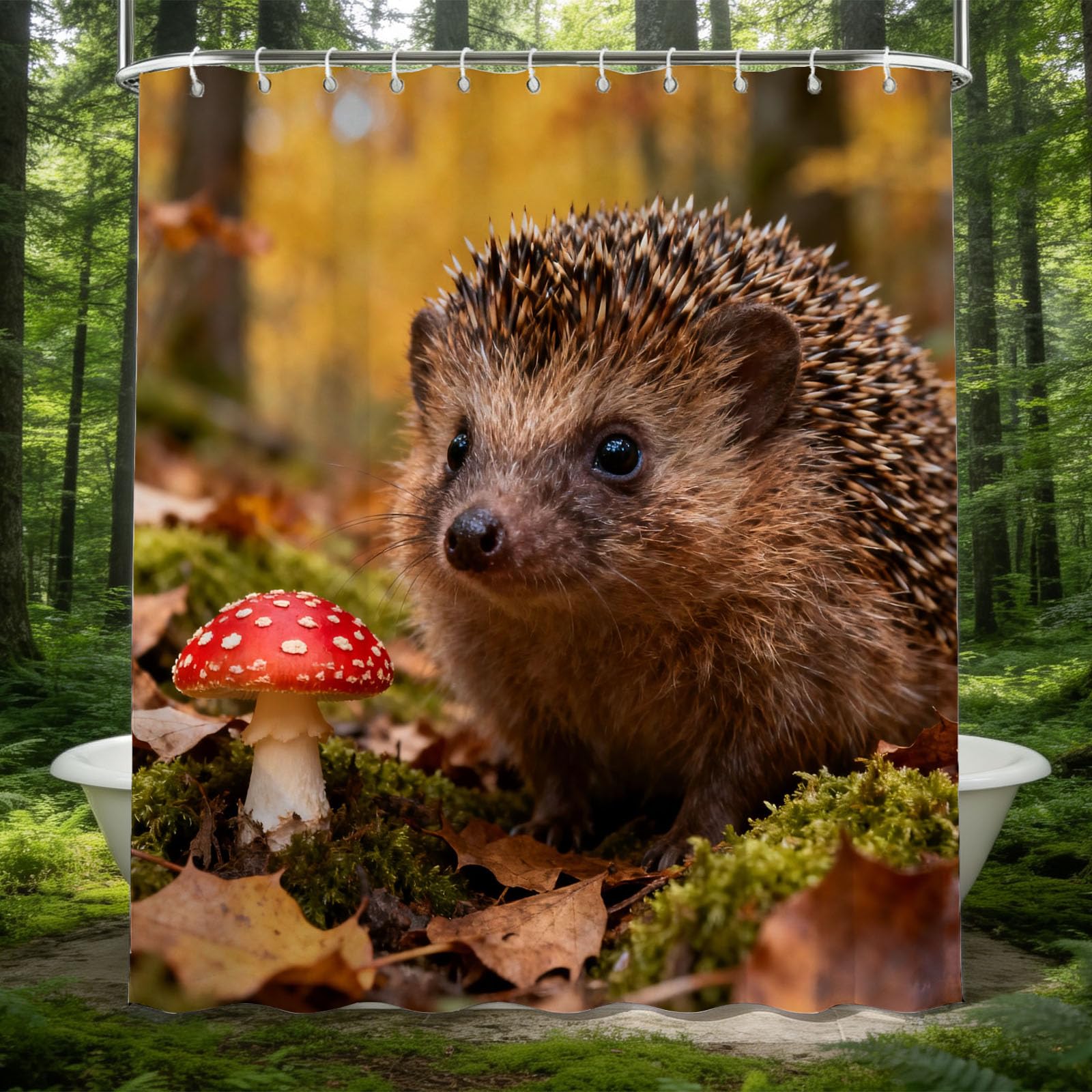 Hongduo 3D Forest Hedgehog Shower Curtain for Stalls Bathtubs Nature Theme Bathroom Decor Shower Curtain Set Polyester Fabric Waterproof 180x180cm/71X71 Inch with Hooks