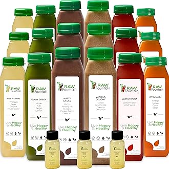 7 Day Protein Juice Cleanse by Raw Fountain, All Natural Raw Detox Cleanse, Cold Pressed Fruits, Vegetables, Vanilla and Chocolate Flavor, Tasty and Energizing, 42 Bottles 12oz, 3 Ginger Shots