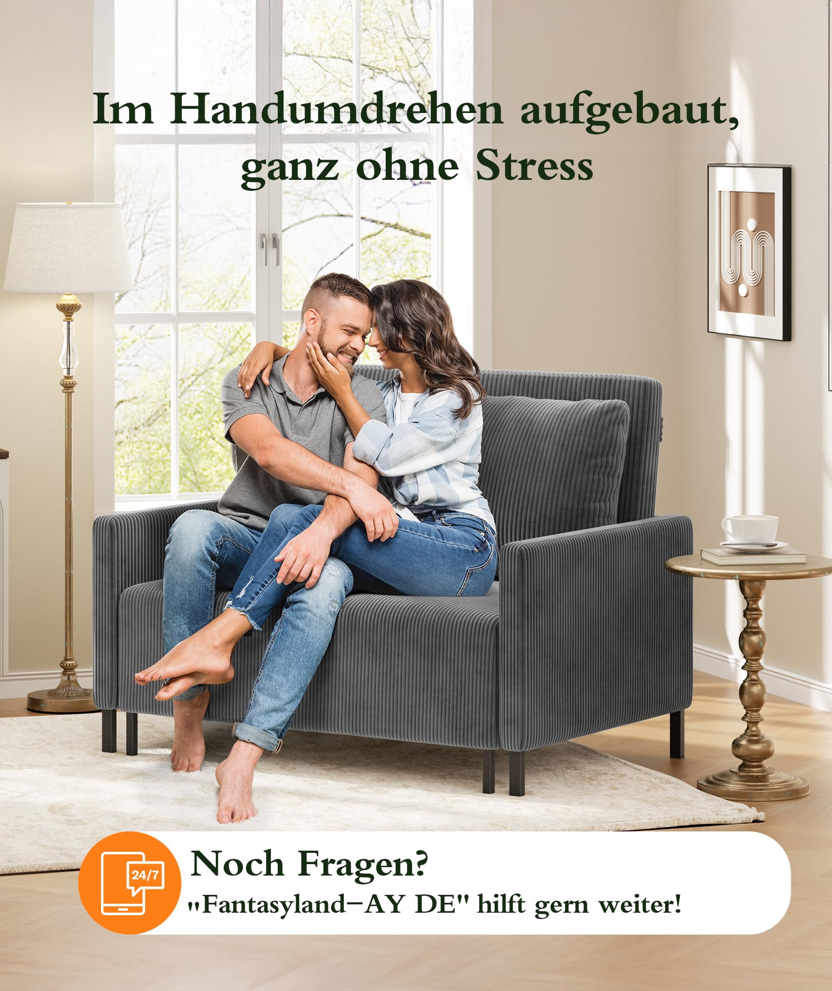 Domusensus Schlafsofa, 120CM Cord Sofa mit Schlaffunktion, 2 Sitzer Sofa | Schlafcouch 53CM Extra Tiefe Sitze, Couch mit schlaffunktion, Klein Sofa 2 Sitzer, Schlafzimmer Sofas fürs Büro 2 Kissen,Grau