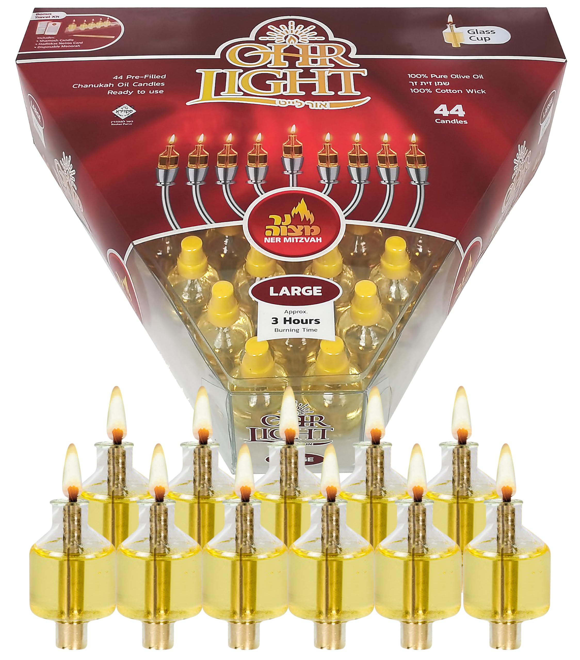 Pre Filled Hanukkah Menorah Oil Cups - Olive Oil Menorah Cups with Wick Ready to Use - 44 Pk Ohr Lights - Large Burns Approx 3 Hours