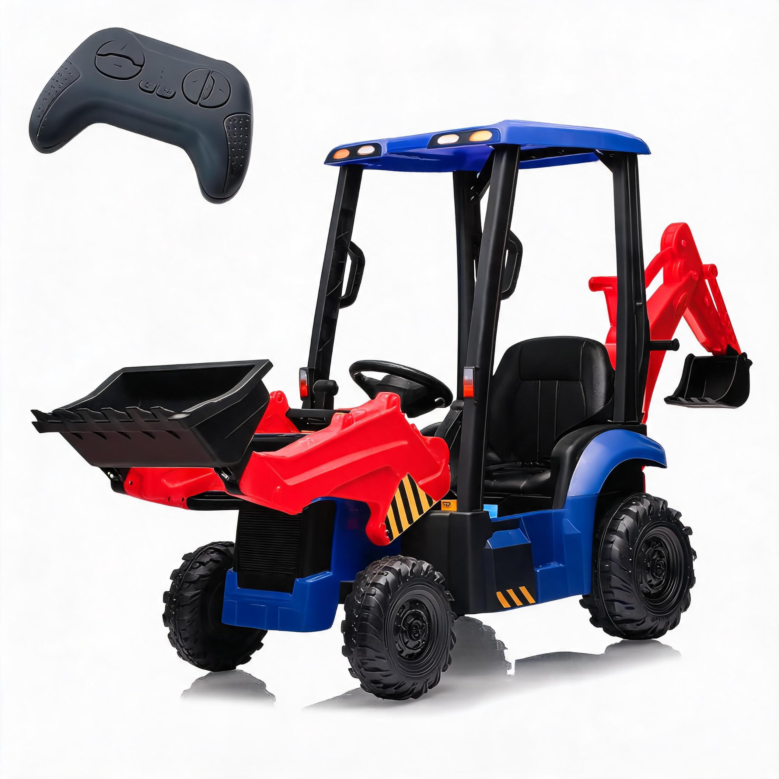 12V Elektro-Traktor für Kinder mit mechanischer Schaufel, Kinder-Traktor mit verstellbarem Arm, Ferngesteuerter Bagger mit abnehmbarem Dach, 2–4 km/h, für Kinder ab 3 Jahren, Rot und Blau