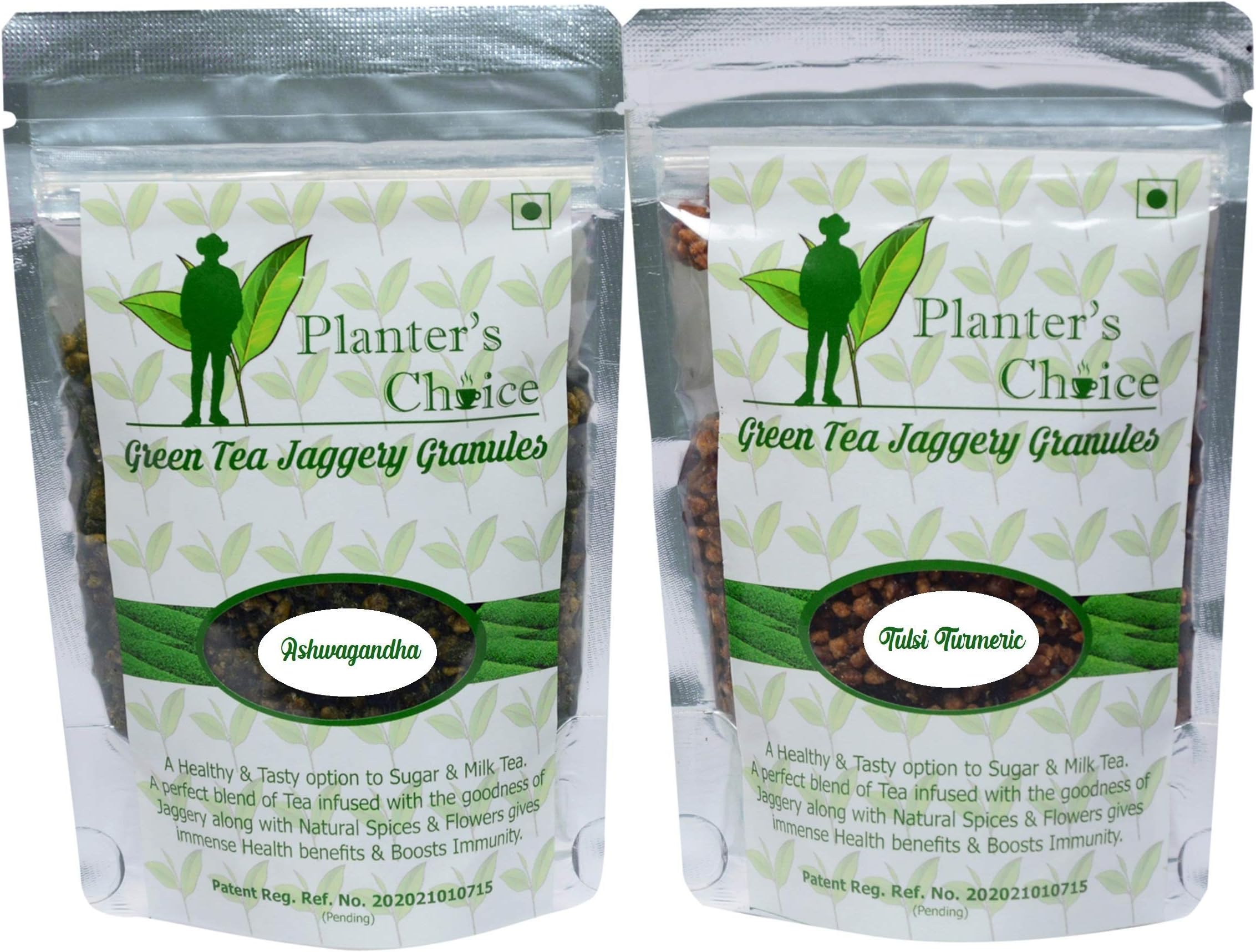 Planter's Choice Green Tea Jaggery Granules Ashwagandha & Tulsi Turmeric (Pack of 2)_Detoxifying & De_Stressing_Ready to Make Tea_200gm