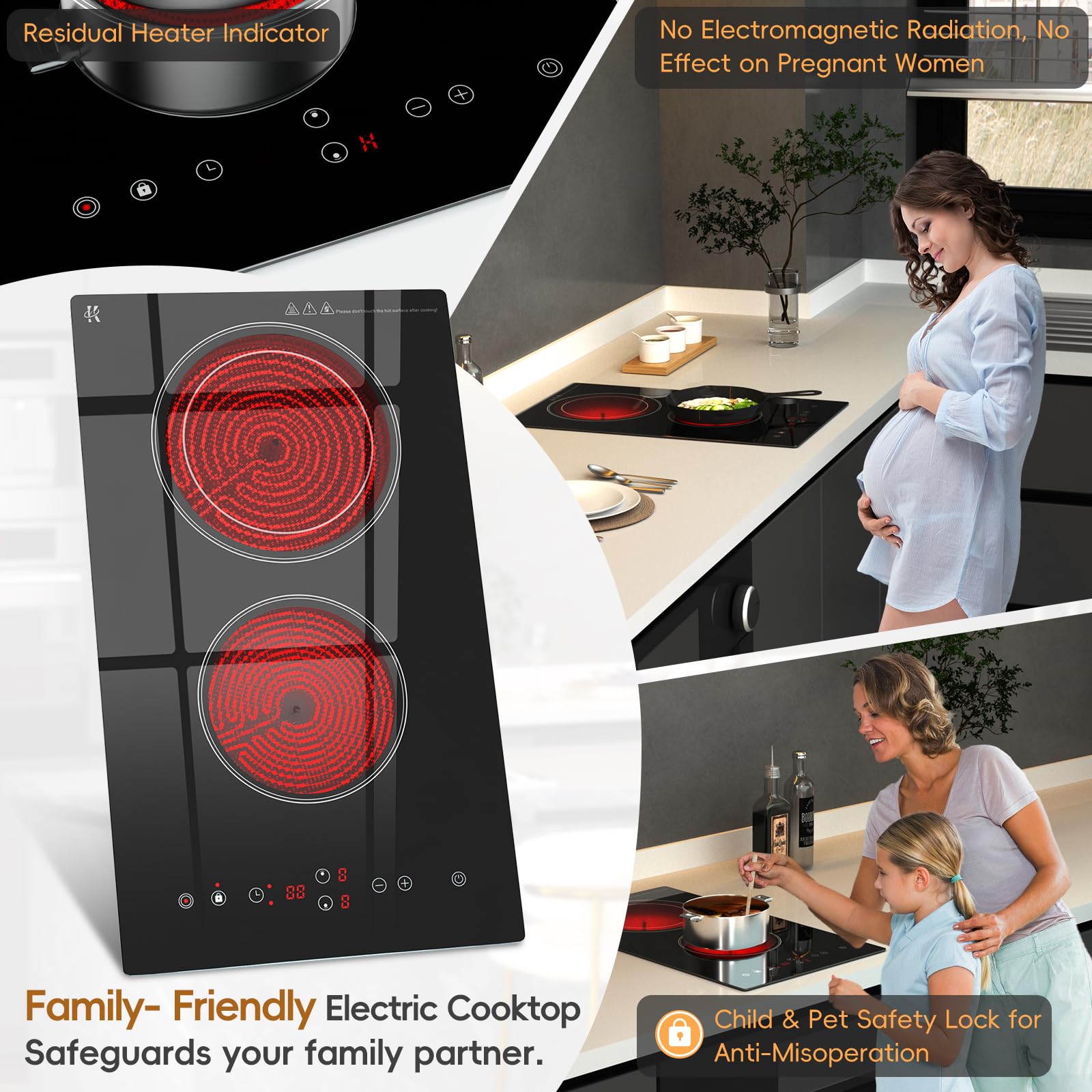 Placa de cocina eléctrica, 2 quemadores, estufa eléctrica radiante de 1800 W, 120 V con encimera y diseño integrado, placa de cerámica de control táctil de 12 pulgadas con bloqueo de 6