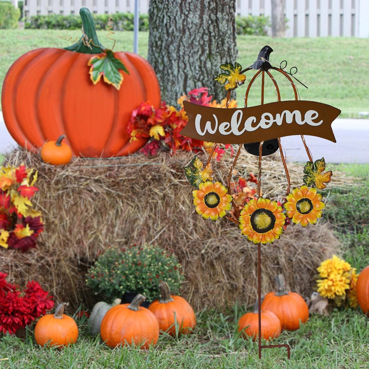26.6" H Solar Lighted Metal Pumpkin Garden Stake Fall Welcome Yard Sign with Sunflowers for Home Outside Garden Lawn Porch Autumn Thanksgiving Decorations