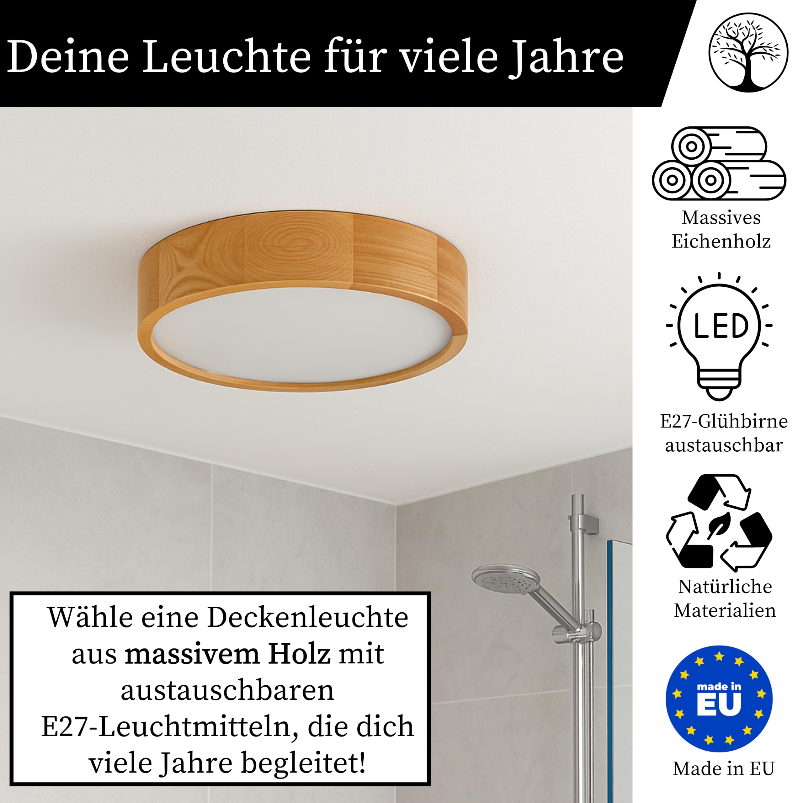 Deckenleuchte Holz - Rund Modern Holzlampe 2xE27 (37 cm) - Deckenlampe Eiche - Natur Lampe für Schlafzimmer, Wohnzimmer, Flur, Küche - Stilvolles Design Eichenholz - LEJA 40 cm