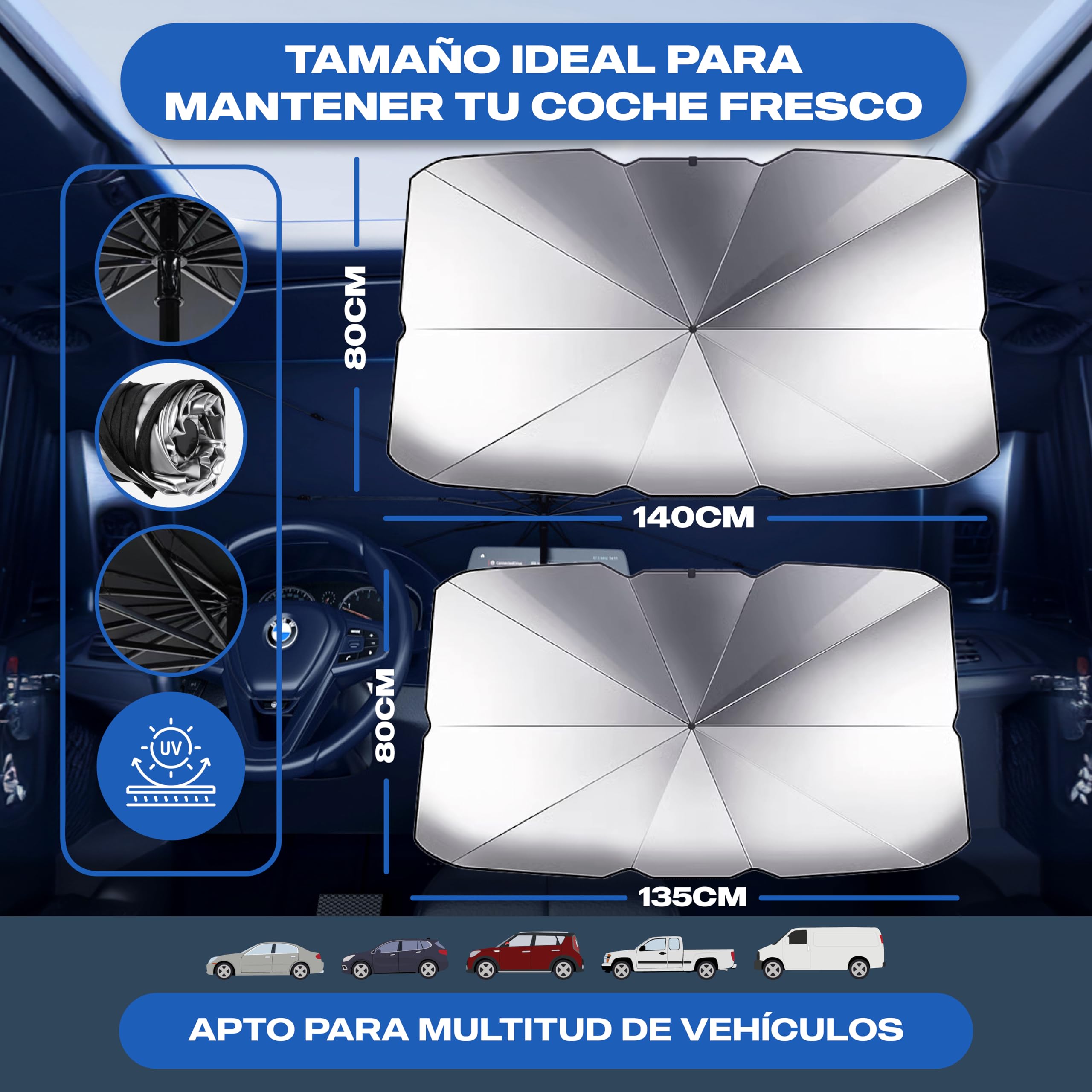 Parasol Coche Delantero Protector Solar SUV y Camión Parasol Paraguas Coche Resiste a los Rayos UV Parasol Plegable con Eje Giratorio 360º y Revestimiento de Titanio (Poliéster, 140 cm x 80 cm) — view 6