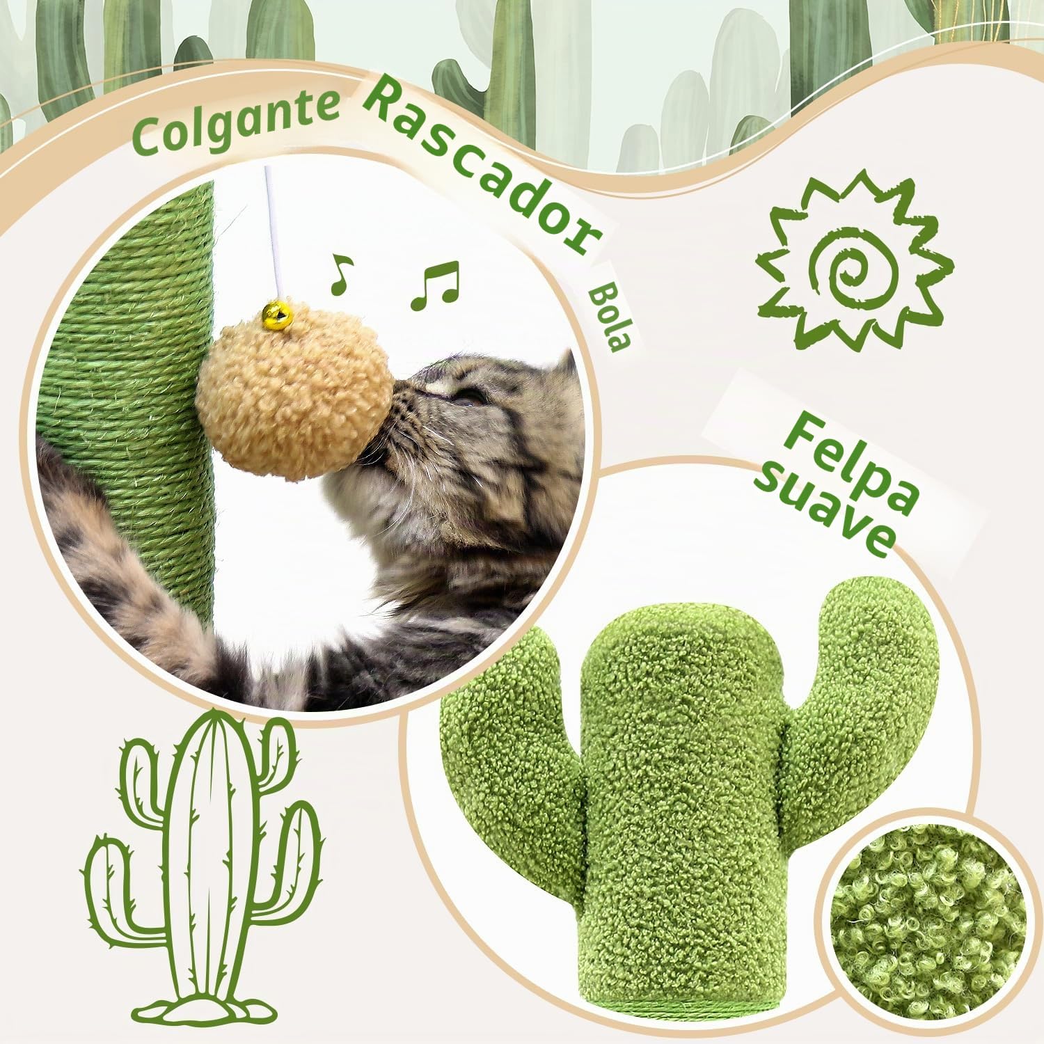 Globlazer Postes Rascadores Cactus Verde XXL Alto 94 cm con Trackball Madera Felpa Gato Juguete Grande Base Poste Sisal, Rascador para Gatos Grandes Jugar Rascarse Interior (SC37, Verde)