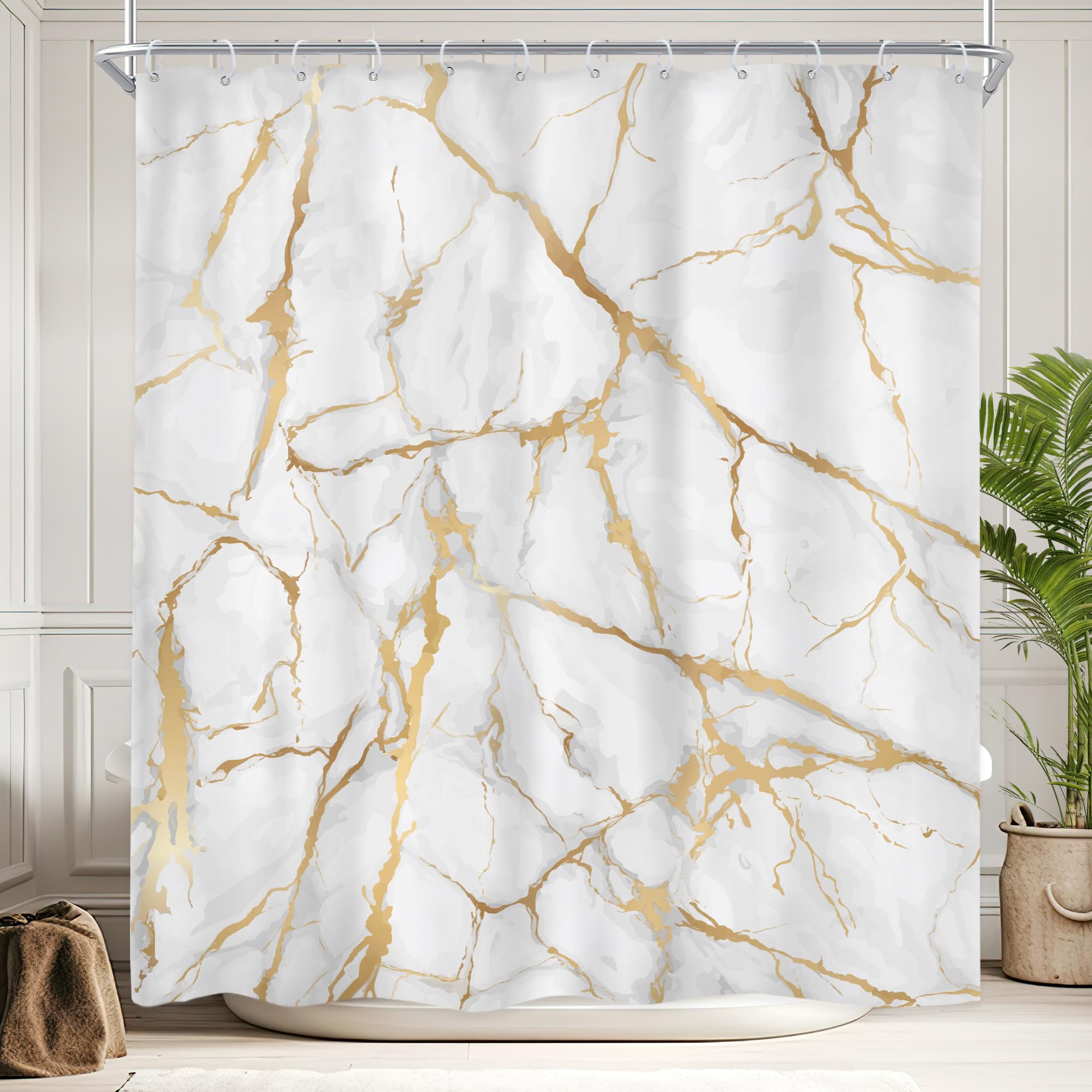 Newsely White and Gold Marble Shower Curtain 60Wx72H Inch Abstract Modern Crack Luxury Texture Ink Liquid Geometric Shower Curtain Bathroom Set Unique Waterproof Bath Decoration Accessories Home Decor