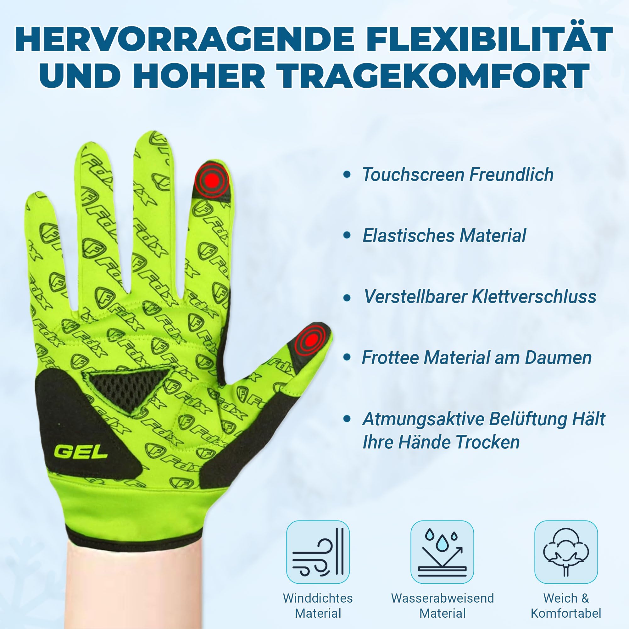FDX Winter-Radhandschuhe, warm, wasserabweisend, Winddicht, mit Gelpolsterung, Touchscreen-kompatibel, atmungsaktiv & rutschfest – für Damen und Herren beim Radfahren, MTB & Laufen