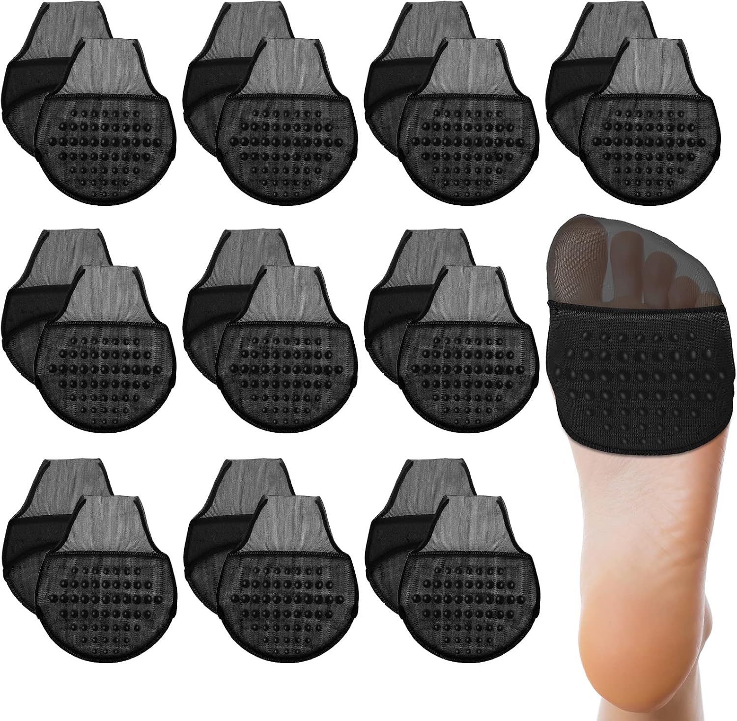 10 Pairs Women's Toe Topper Socks with Padding Pads Covers Forefoot Pads Cushions Half Socks Non Skid Reusable Protectors (Black)