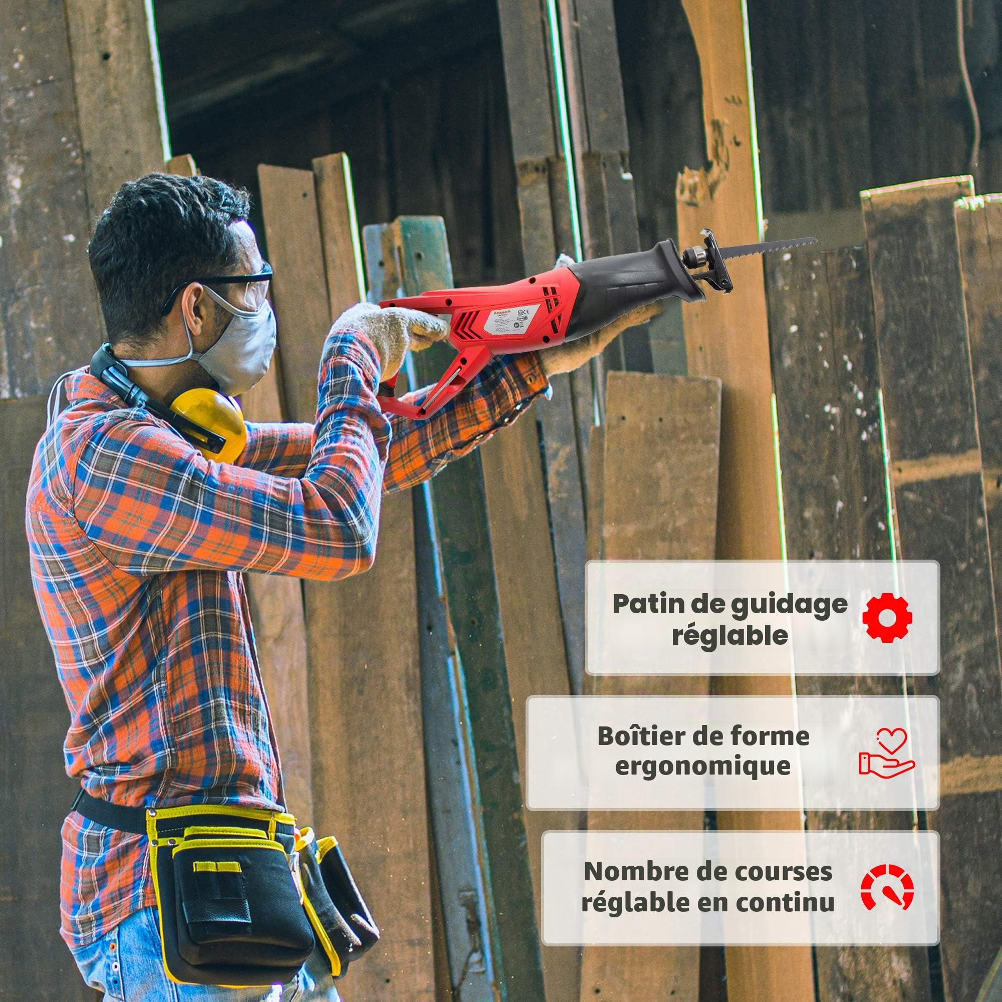 Arebos Scie Sabre Scie a Bois électrique | 750 W | Noir | Rouge | 130 mm | en Bois et en Métal | Patin de Guidage Réglable