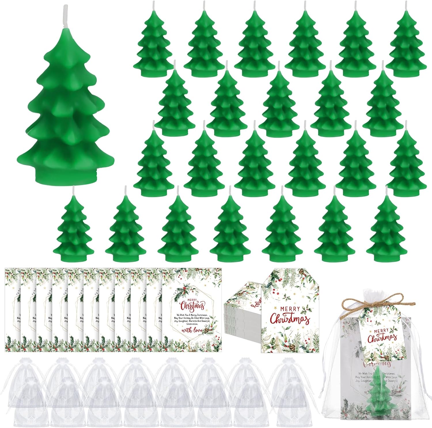 24 Sets Christmas Party Favors Christmas Tree Soy Wax Candles with Organza Bag and Cards Bulk Portable Party Favors Xmas Gifts for Guest Celebration Supplies Decor