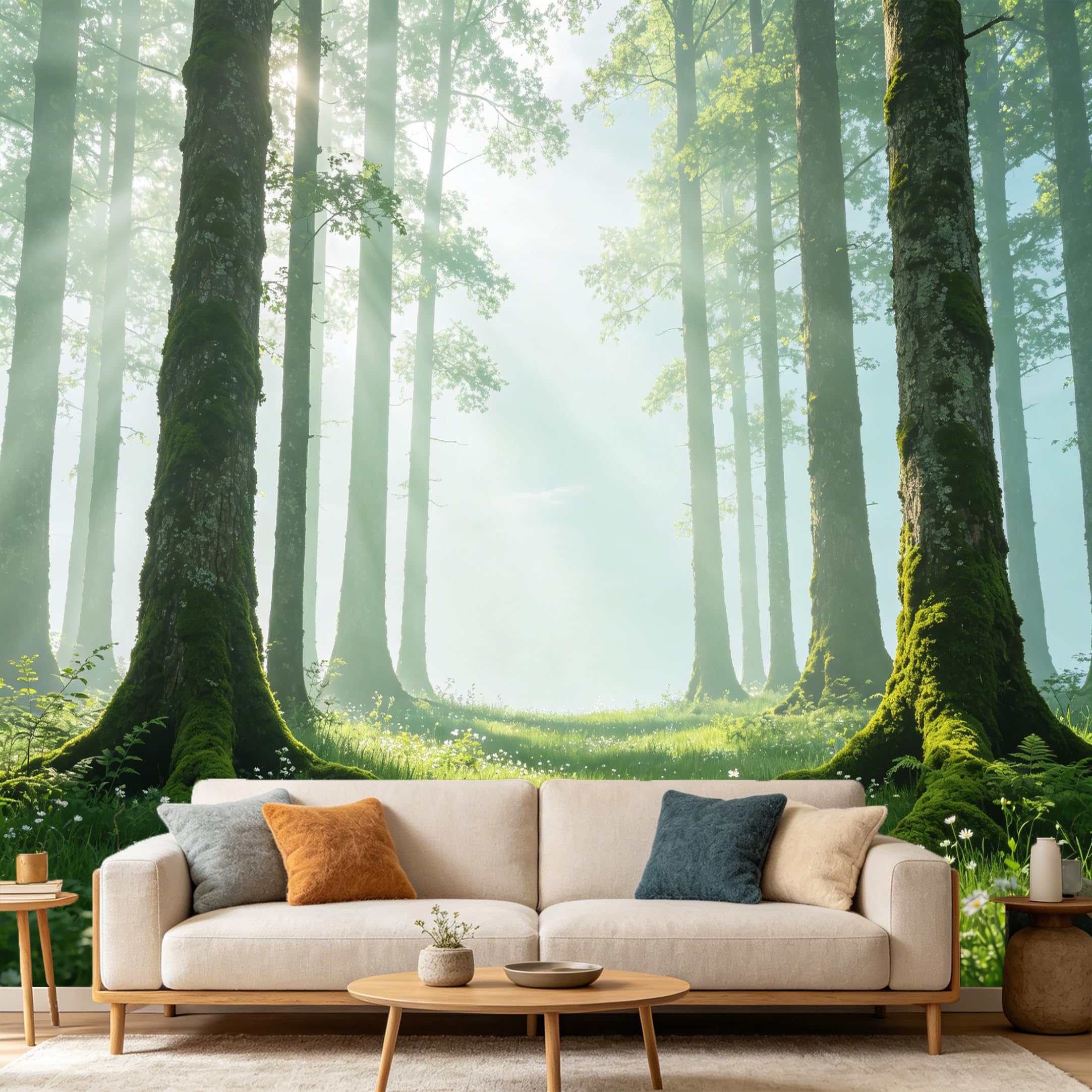 Custom Size Wall Mural， Misty Forest Morning Sunbeam Wildflower Landscape， SelfAdhesive Art Prints wall Fabric Removable Large Wallpaper Home Living Room Decor Wall Mural