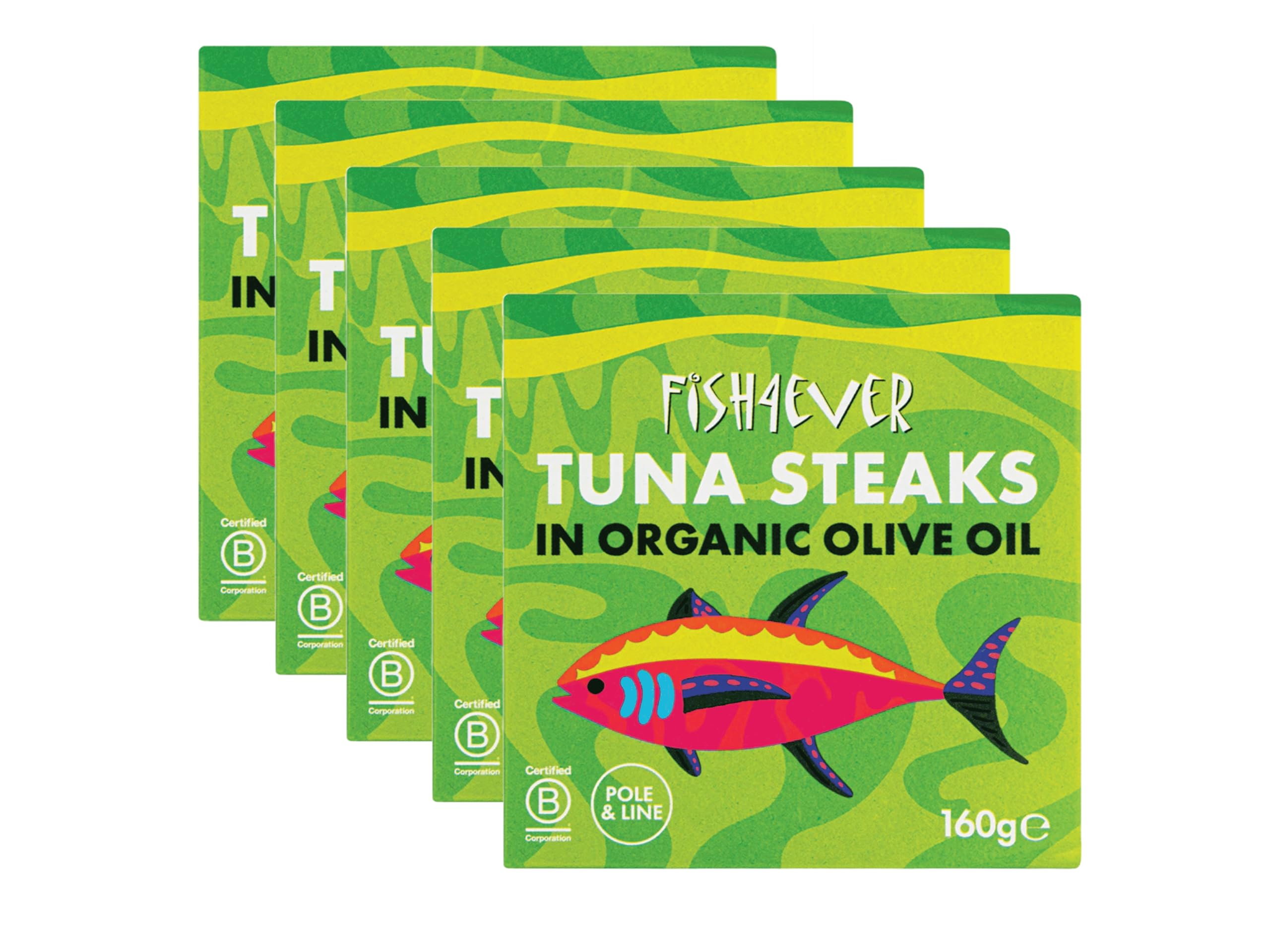 Fish 4 Ever | Azores Skipjack Tuna Steaks In Organic Olive Oil - Sustainably Fished. Tin Canned Food Rich In Omega-3, Great For Making Sandwich Spread Or Hot And Cold Snacks | 160g (Pack of 5)