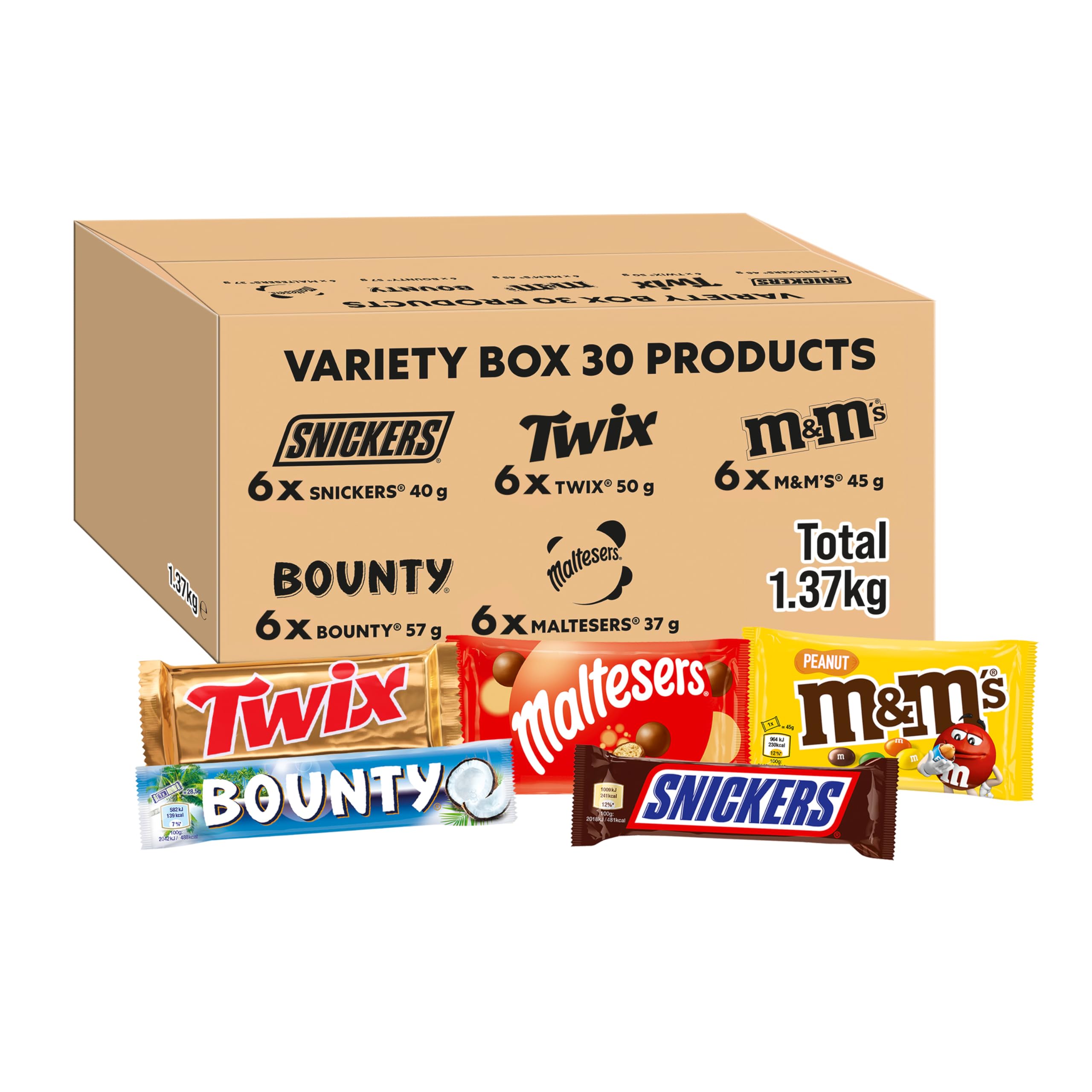 Mixed Chocolate Bars Bulk Box 30 Pieces (1.37kg) – Variety Chocolate Bars Multipack with M&M’s, Snickers, Twix, Bounty & Maltesers, Milk Chocolate Sweets, Father's Day Chocolate Gift Box