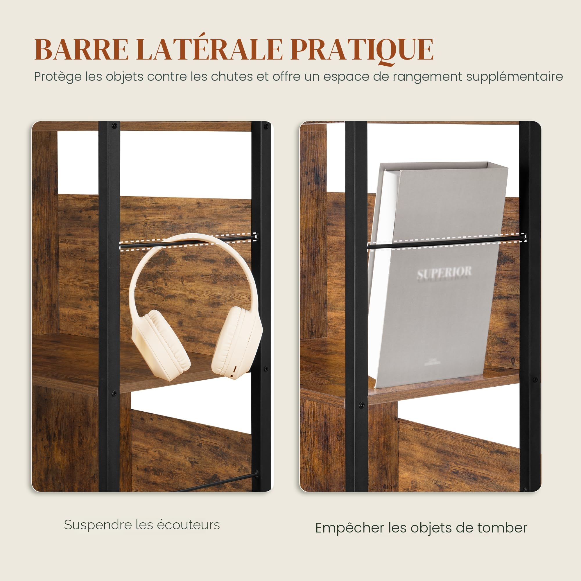 HEXCELEN Bibliothèque avec 6 Niveaux 30 x 80 x 186 cm Brun Rustique et Noir | Bibliotheque Industrielle, Étagère de Rangement, Étagère Ouverte, pour Bureau, Salon Industriel