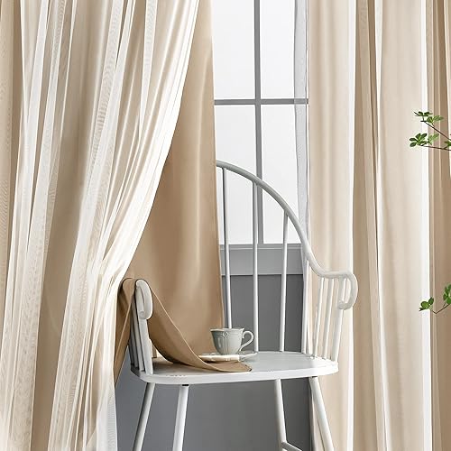 Miniatura 8 de Kinryb Cortinas opacas de doble capa con bloqueo de luz, cortinas de gasa triturada superpuestas con ojales, paneles de ventana para habitación de