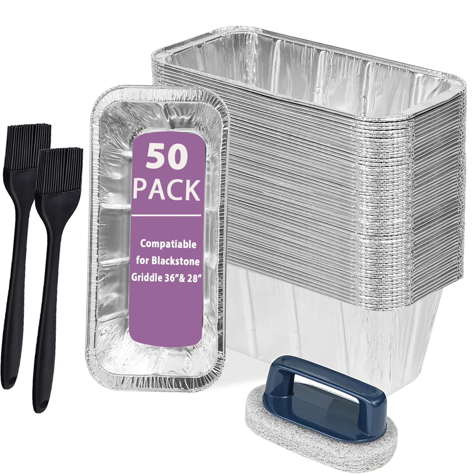 50 Pack Drip Pan Liners Kit for Blackstone Griddle 36" 30" 28" 22" 17", a Cleaning Brush, 2 Silicone Brushes, Aluminum Disposable Grease Catcher Trays for Blackstone Griddle Accessories