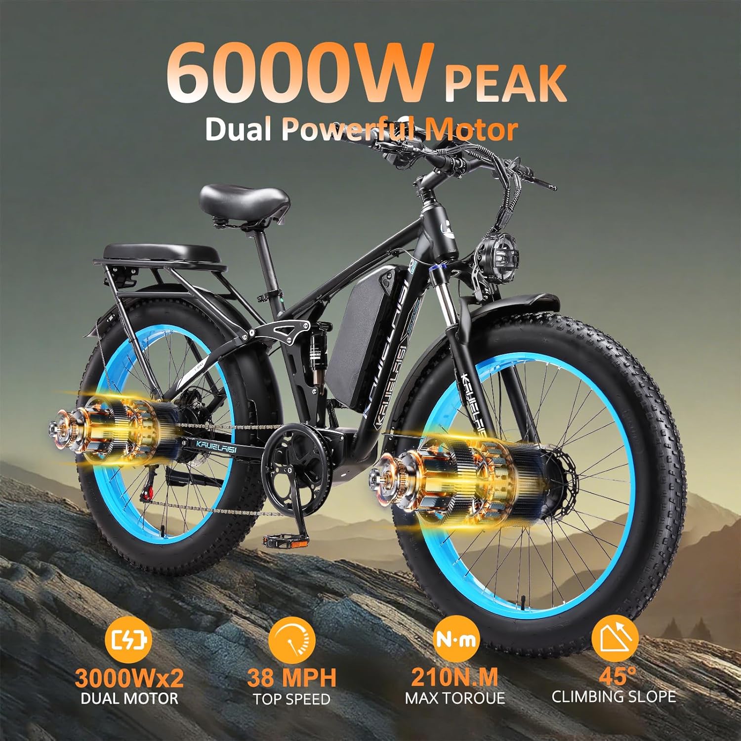 KETELES Ebikes for Adults, AWD Dual Motor Ebike Peak 6000W 26” Electric Bike Fat Tire, 52V 26AH Battery Dual Hydraulic Brake Electric Mountain Bike.