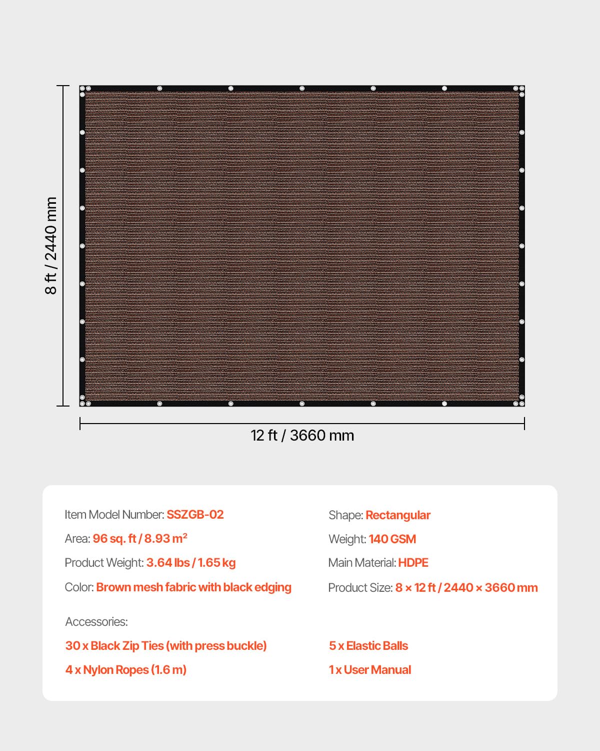 VEVOR Voile d'ombrage 90%, 2440 x 3660 mm, Filet d'ombrage avec œillets en Acier INOX, Toile de Protection en PEHD Haute densité 140 g/m², pour extérieur, terrasse, Jardin et arrière-Cour, Marron
