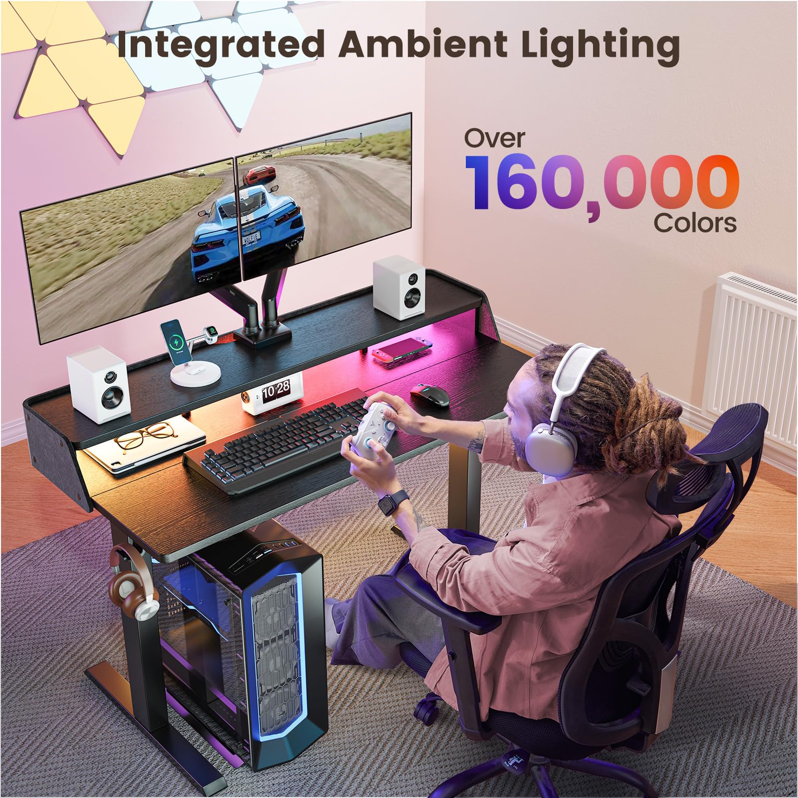 ErGear Standing Desk with LED Strip 48 x24 Electric Height Adjustable RGB Gaming Desk with Shelf Sit Stand — view 5