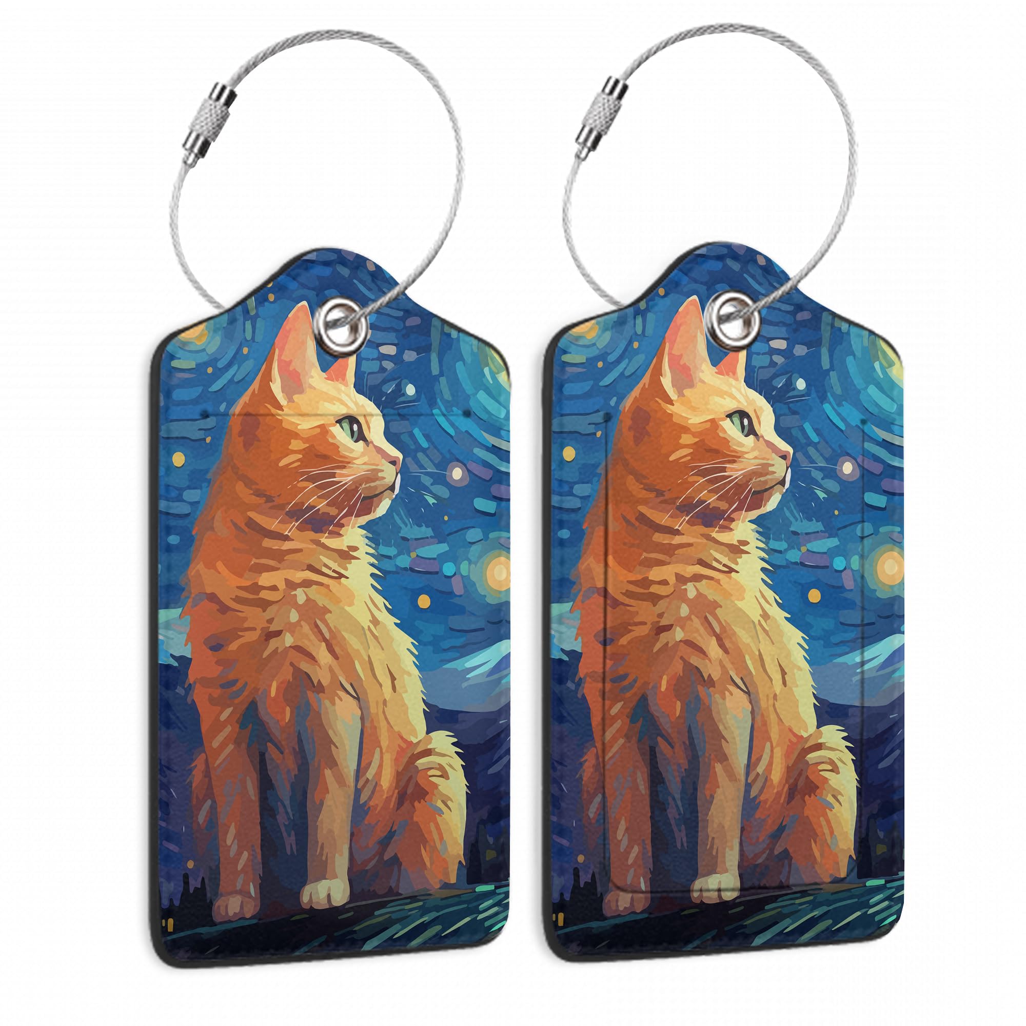 Cat Under The Stars 2 Pack Luggage Tag for Suitcase, Cute Unique Leather Bag Tags Identifiers Privacy Cover ID Label with Durable Steel Loop for Women