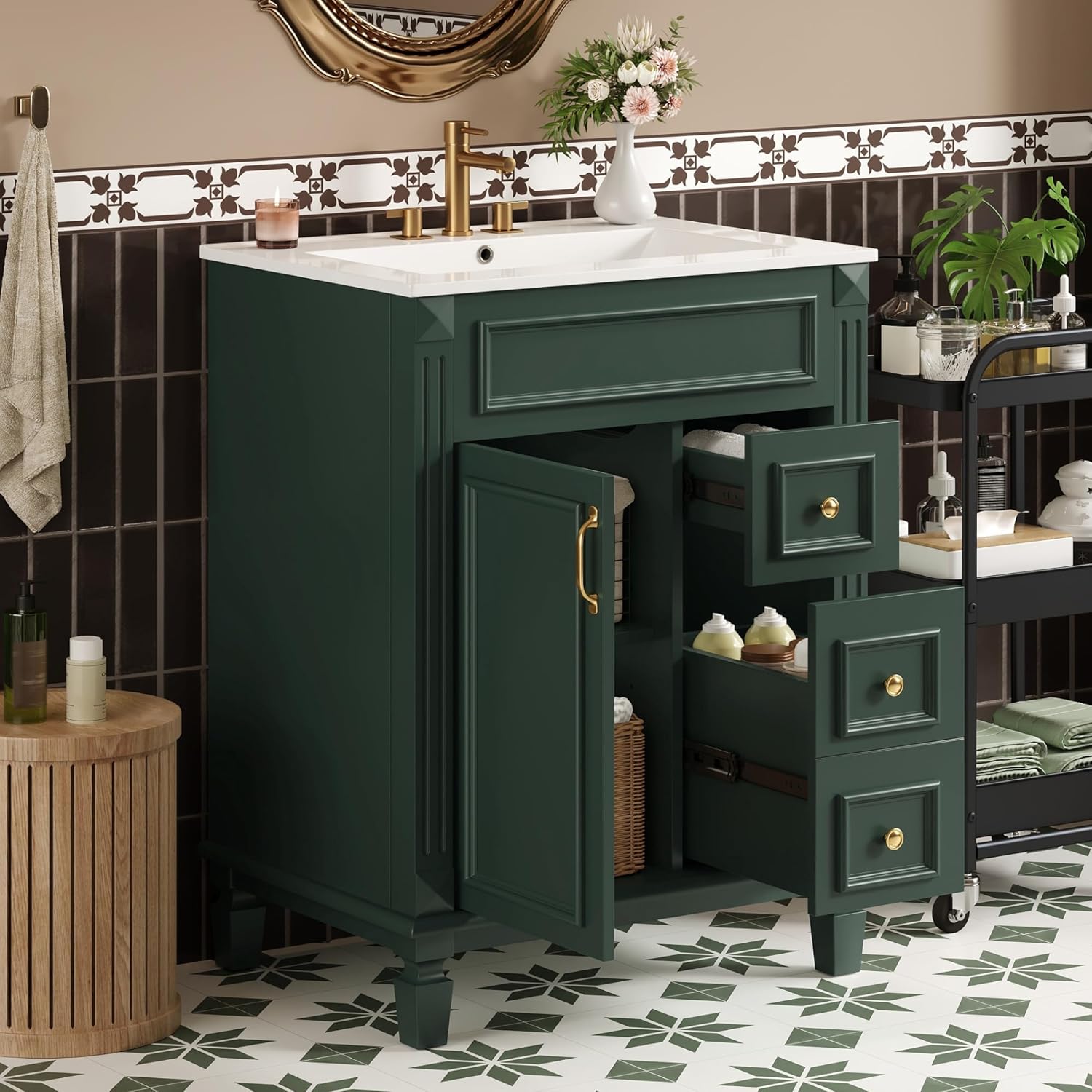 24 Inch Green Bathroom Vanity with Ceramic Sink & Integrated Countertop,Modern Bathroom Vanity with Right Drawers & Adjustable Shelf,Soft Closing Doors,Solid Wood Frame,French Embossed Front