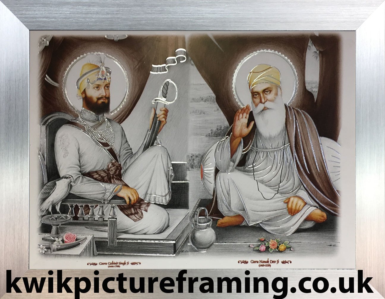 Kwik Picture Framing Ltd Silver Guru Nanak Dev Ji Picture Frame With Guru Gobind Singh Ji | 12 X 9 Inch Sikh Religious Wall Art Display | Rectangular Stand Or Wall Mount Frame | Made In Uk