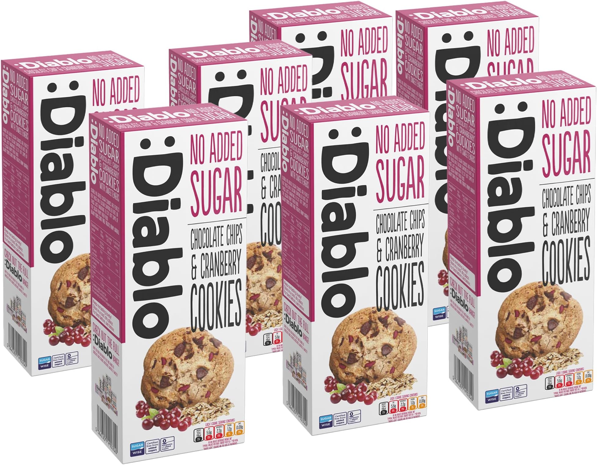 Diablo No Added Sugar Cookies, Chocolate Chips & Cranberry – Low Sugar Snacks, Cookies Biscuits for All, Sweetened with Maltitol, Ideal for Gifting, Festive Hampers & Holiday Events – 135g Pack of 7