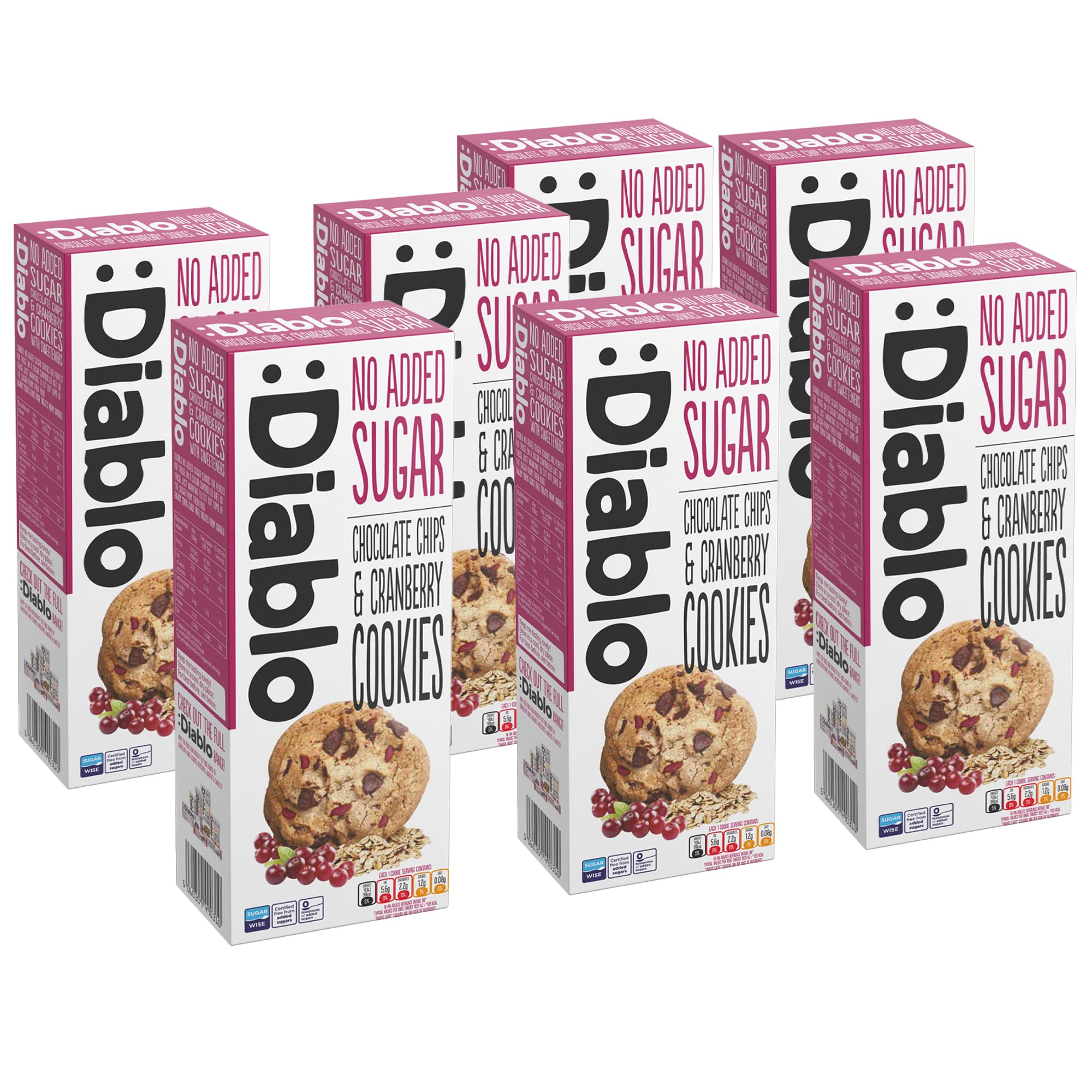 Diablo No Added Sugar Cookies, Chocolate Chips & Cranberry – Low Sugar Snacks, Cookies Biscuits for All, Sweetened with Maltitol, Ideal for Gifting, Festive Hampers & Holiday Events – 135g Pack of 7