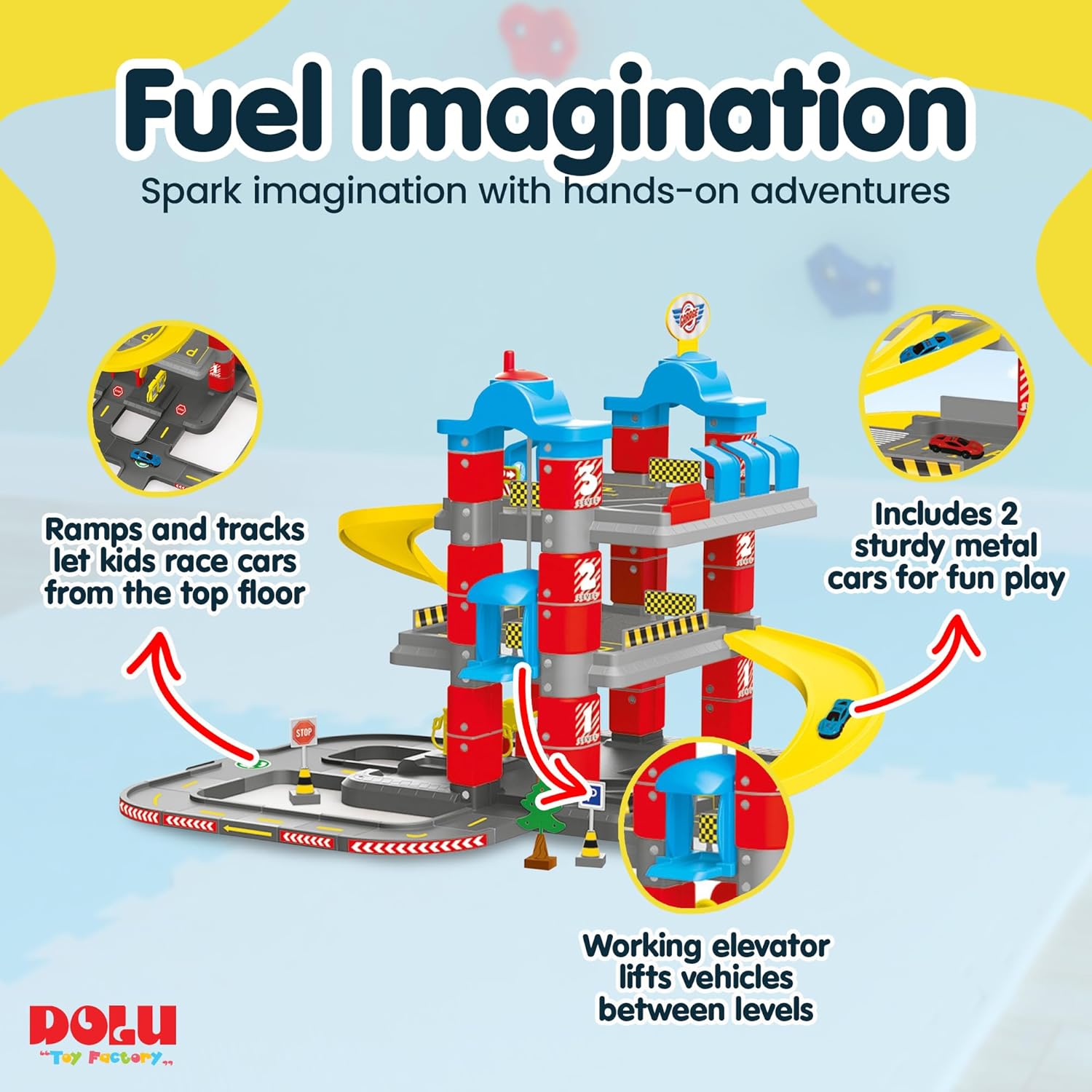 DOLU Full 3-Storey Car Park, Multi-Level Toy Garage Playset with Elevator, Ramps Track and 2 Metal Cars for Kids and Toddlers Ages 3+