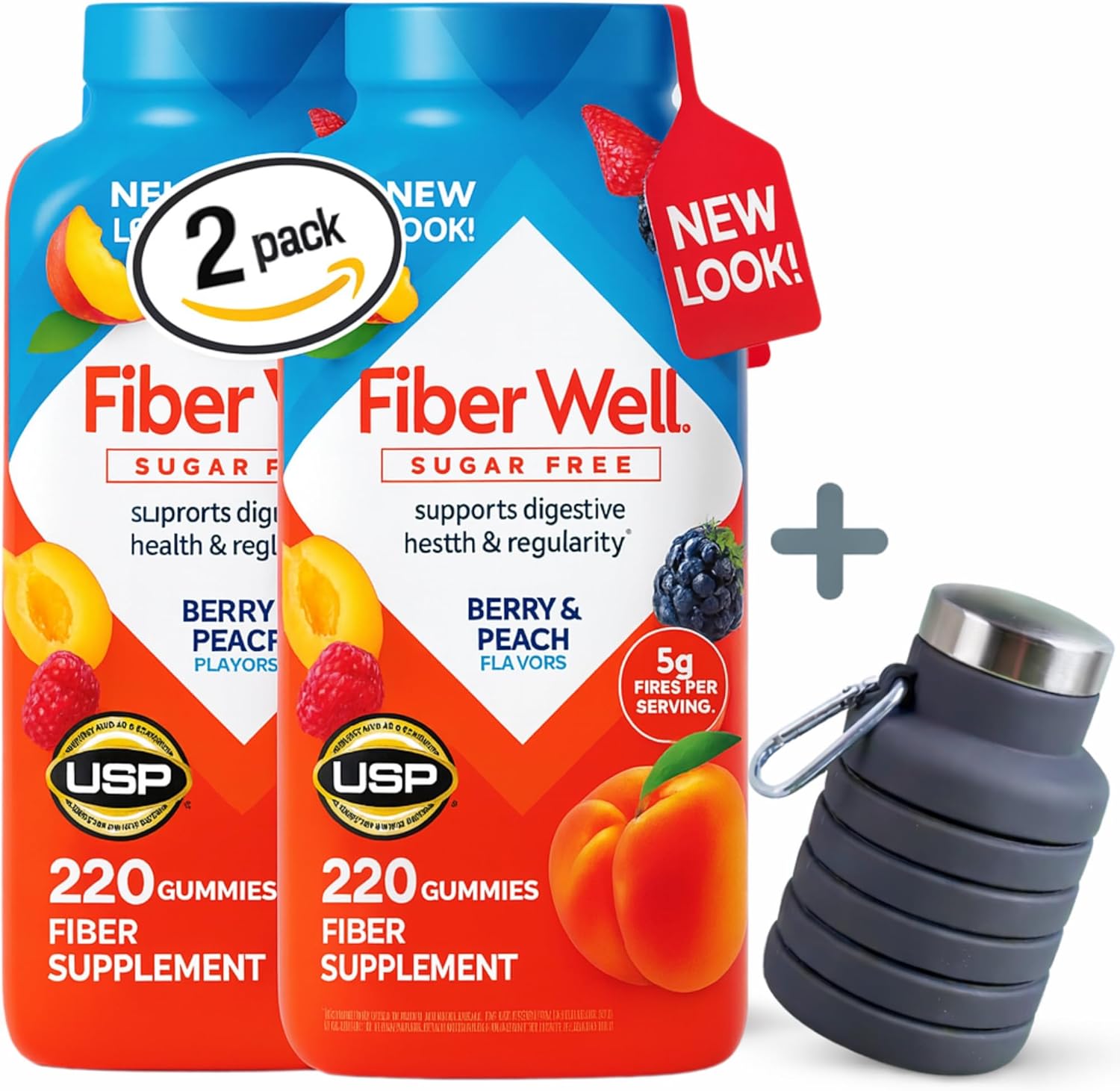 Fiber Well Sugar Free Gummy Vitamin Supplement, 220 ct. (2Pack) + Collapsible Water Bottles - Daily Fiber Supplement with Prebiotic Support | Health & Regularity - by R&C Store
