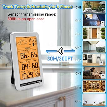Weather Station Indoor Outdoor Thermometer Humidity Wireless Temperature Humidity Monitor, Weather Thermometer Forecast Station with Alarm Clock and Adjustable Backlight (Orange Backlight)
