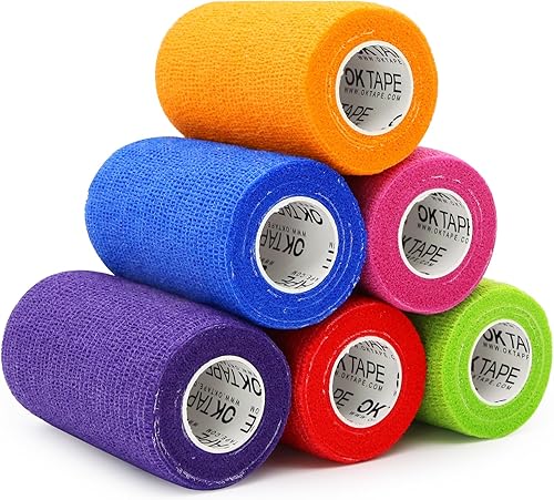 OK TAPE Vendajes cohesivos autoadherentes 6 paquetes, 4 pulgadas x 5 yardas, vendaje autoadhesivo no tejido para pulgar, dedo, muñeca, tobillo,