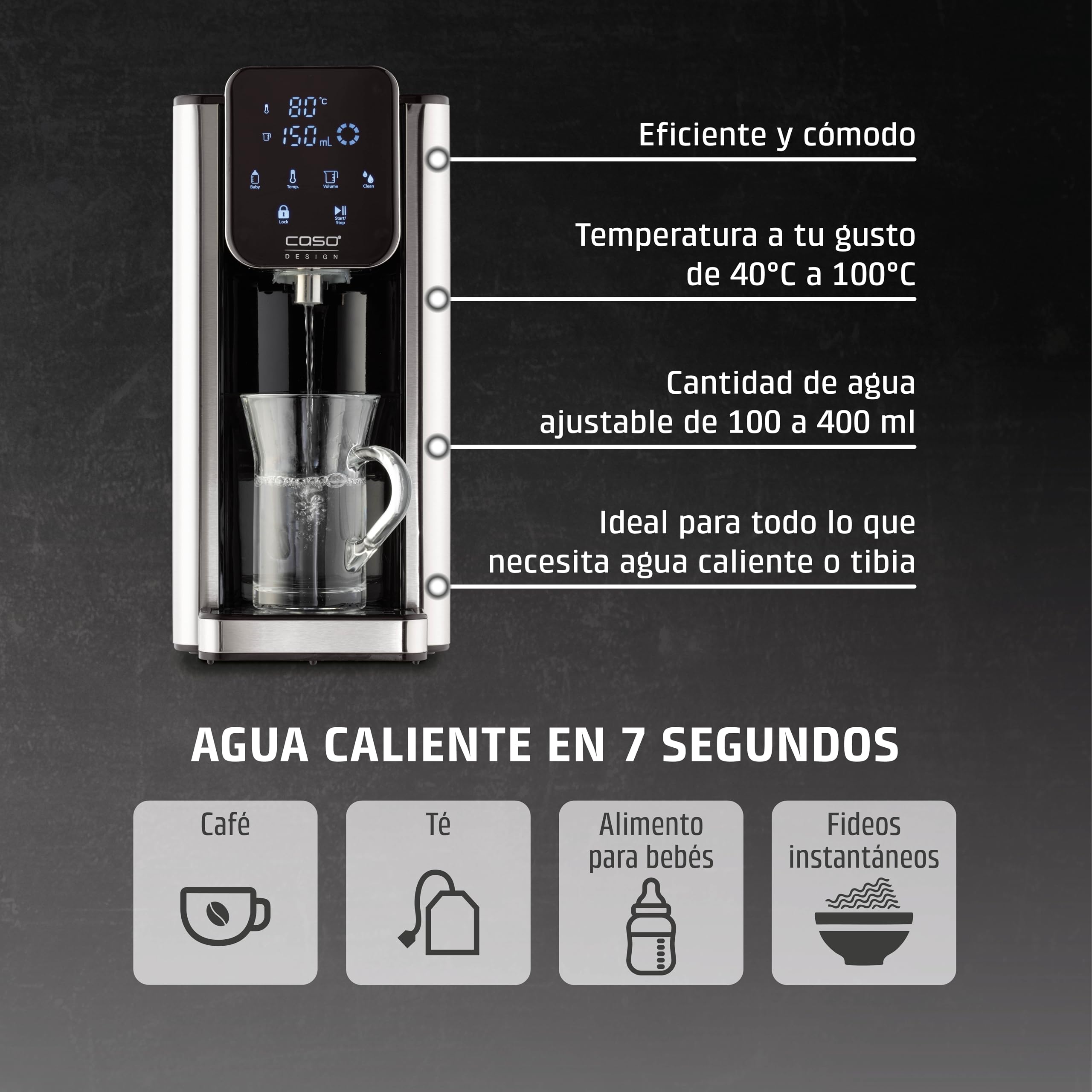 CASO HW 660 - dispensador de agua caliente 2,7L - hervidor de agua electrico - Agua caliente en segundos - temperatura 40°C a 100°C - 7 cantidades de salida - Filtro Antical y Anti Impurezas