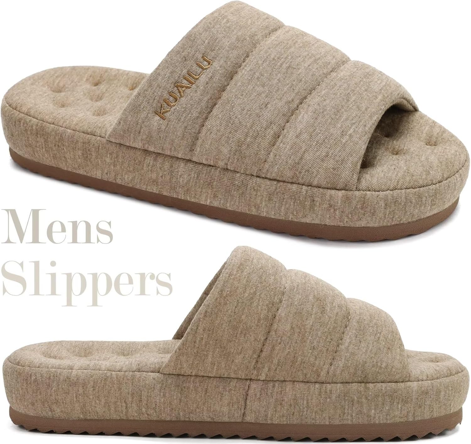 KuaiLu Men's Fashion Quilted Cotton-blend Fabric Sandal Slippers Cozy Memory Foam Indoor/Outdoor House Shoes with Lightweight Soft Cushion Footbed Hard Rubber Sole - Image 7