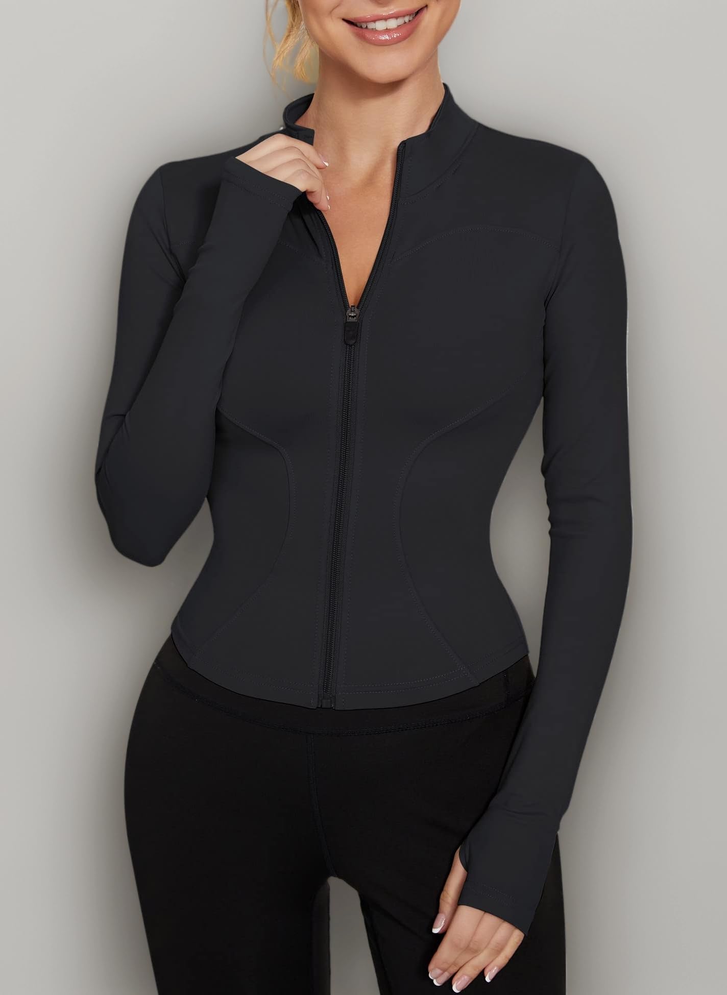 Women's Workout Jacket Lightweight Zip Up Yoga Jacket Cropped Athletic Slim Fit Tops, Black, Medium