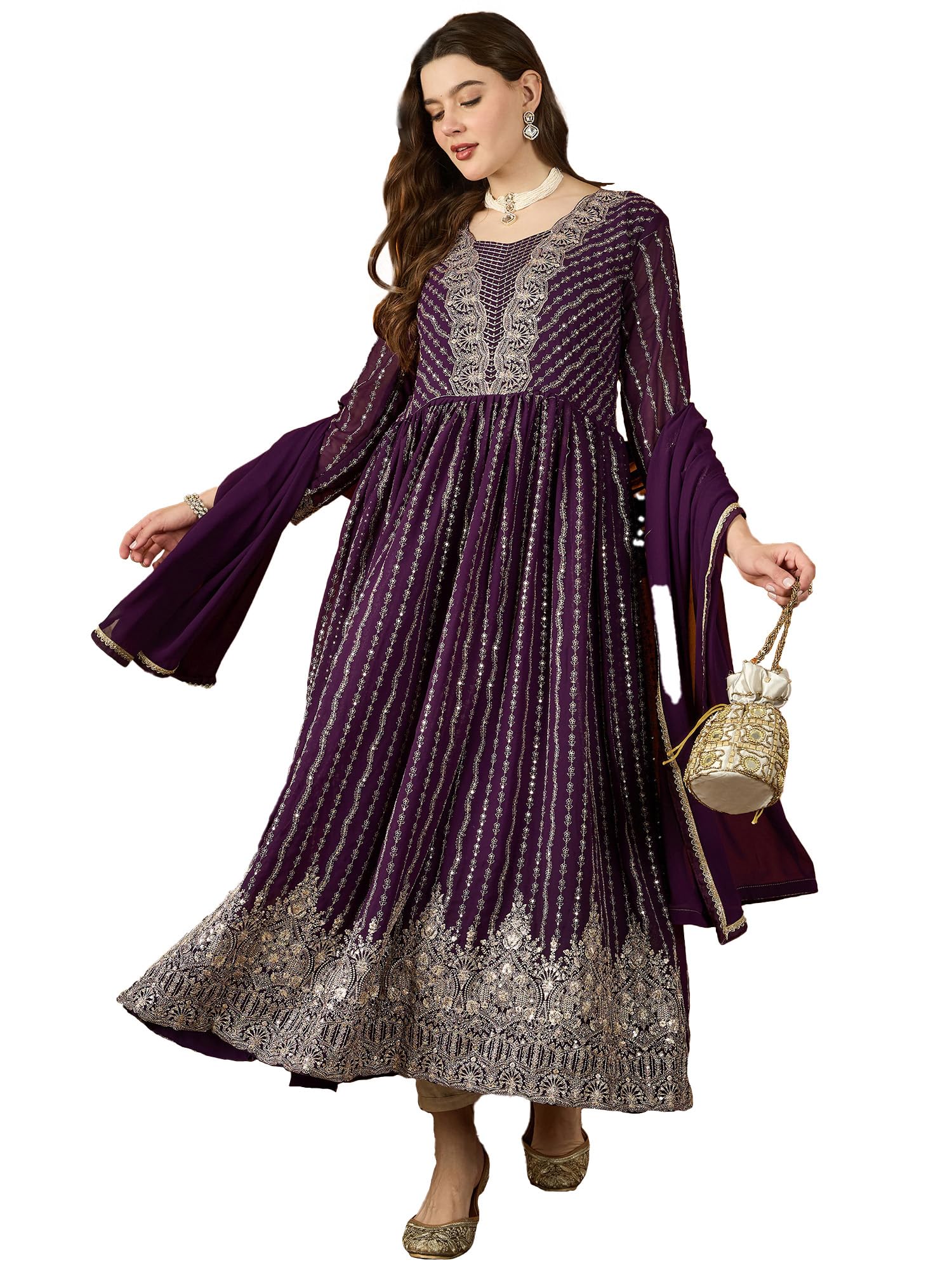 Women's Purple Faux Georgette Stitched Top with Faux Georgette Dupatta Full Sleeve Embroidered Anarkali Gown (MEY-1185)-image-47