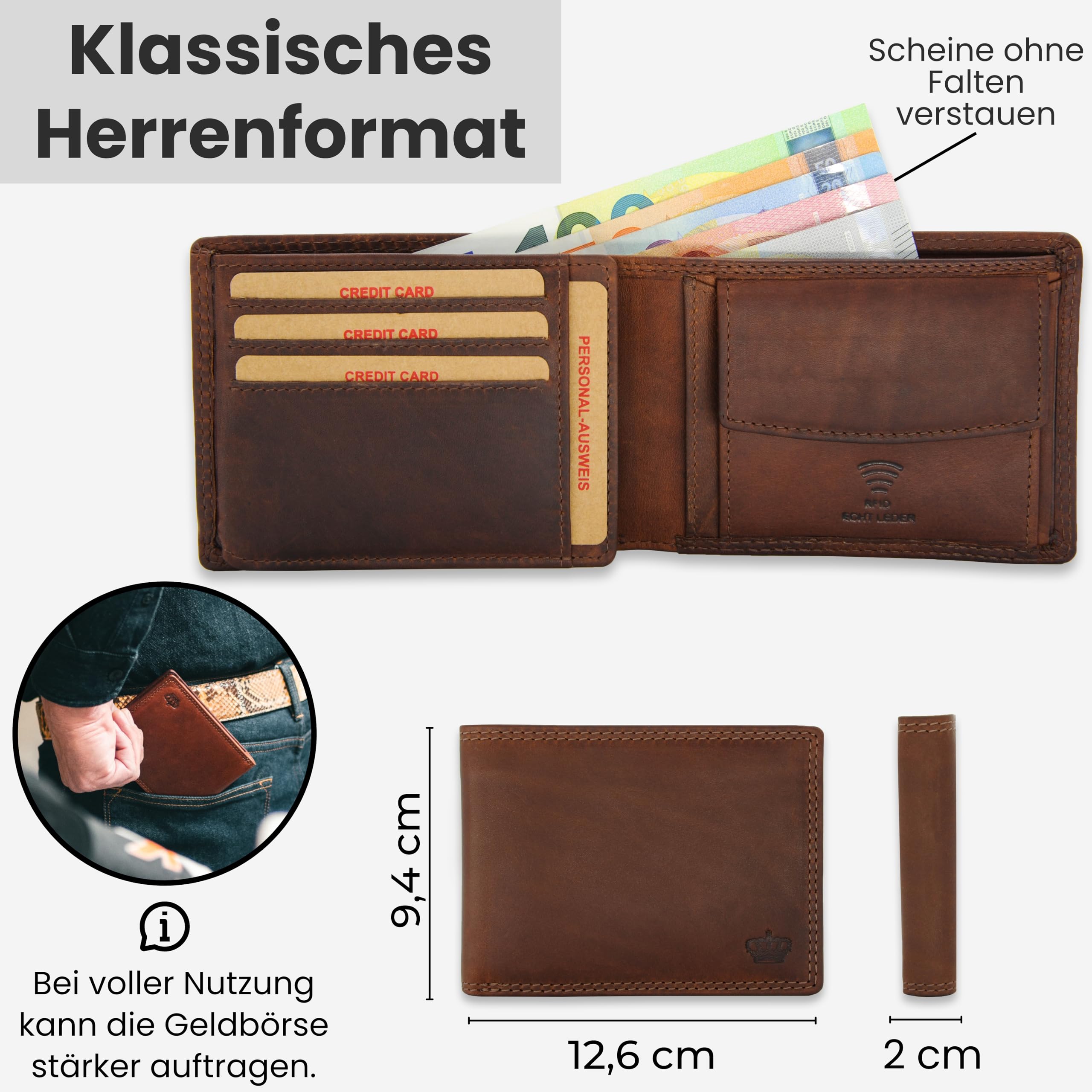 Baur Herren Geldbörse – Echtes Leder mit RFID-Schutz – Klassisches Vollleder-Portemonnaie im Querformat mit 6 Kartenfächern und Münzfach (Querformat Standard, Dunkel Braun)