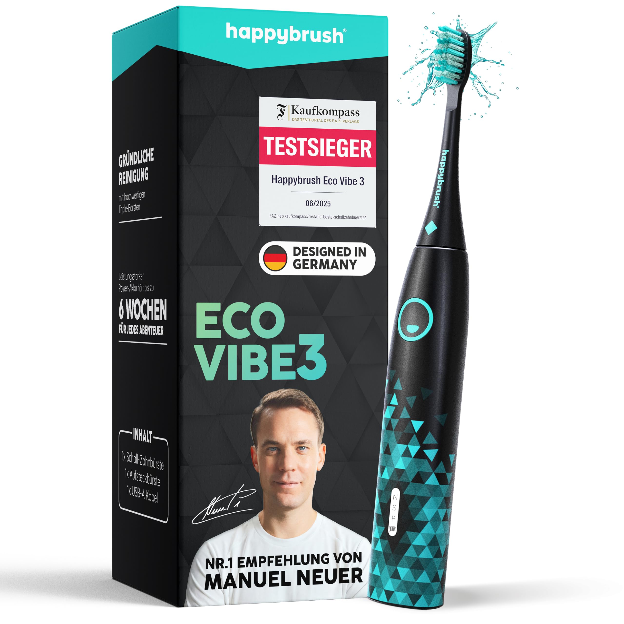 happybrush Cepillo de dientes sónico Eco Vibe 3 – Ganador de pruebas 2024 – 100 días – Cepillo de dientes eléctrico con batería de 6 semanas – Cepillos de dientes ultrasónicos – Negro/Menta