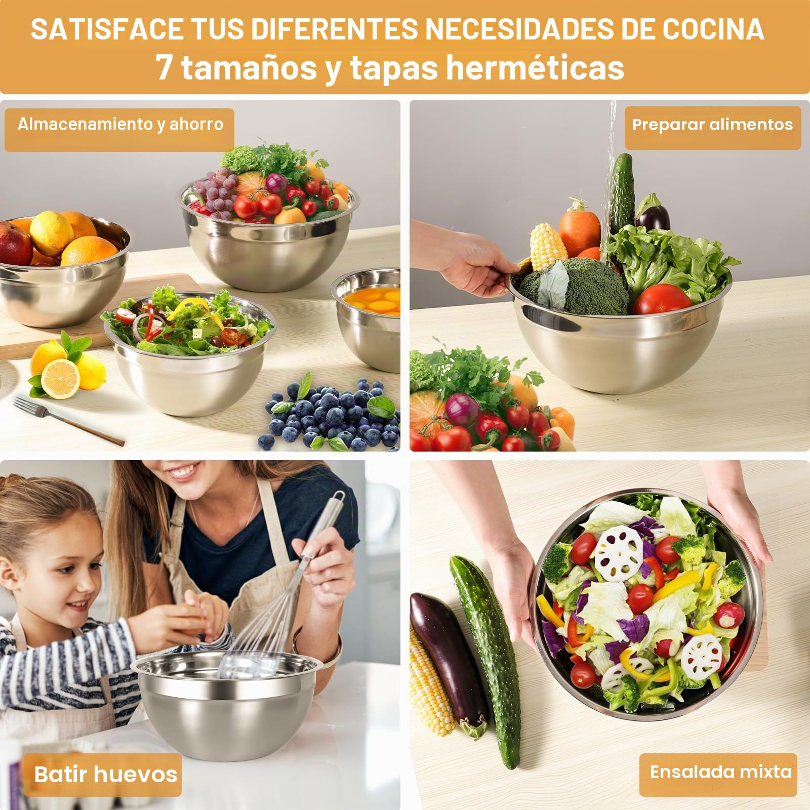 Cinnani 7 Juego de Acero Inoxidable Cuencos mezcladores, Ensaladera, Cuenco Comida, Cuenco de Cocina, Tazón de Cocina Multifuncional con Tapa Hermética