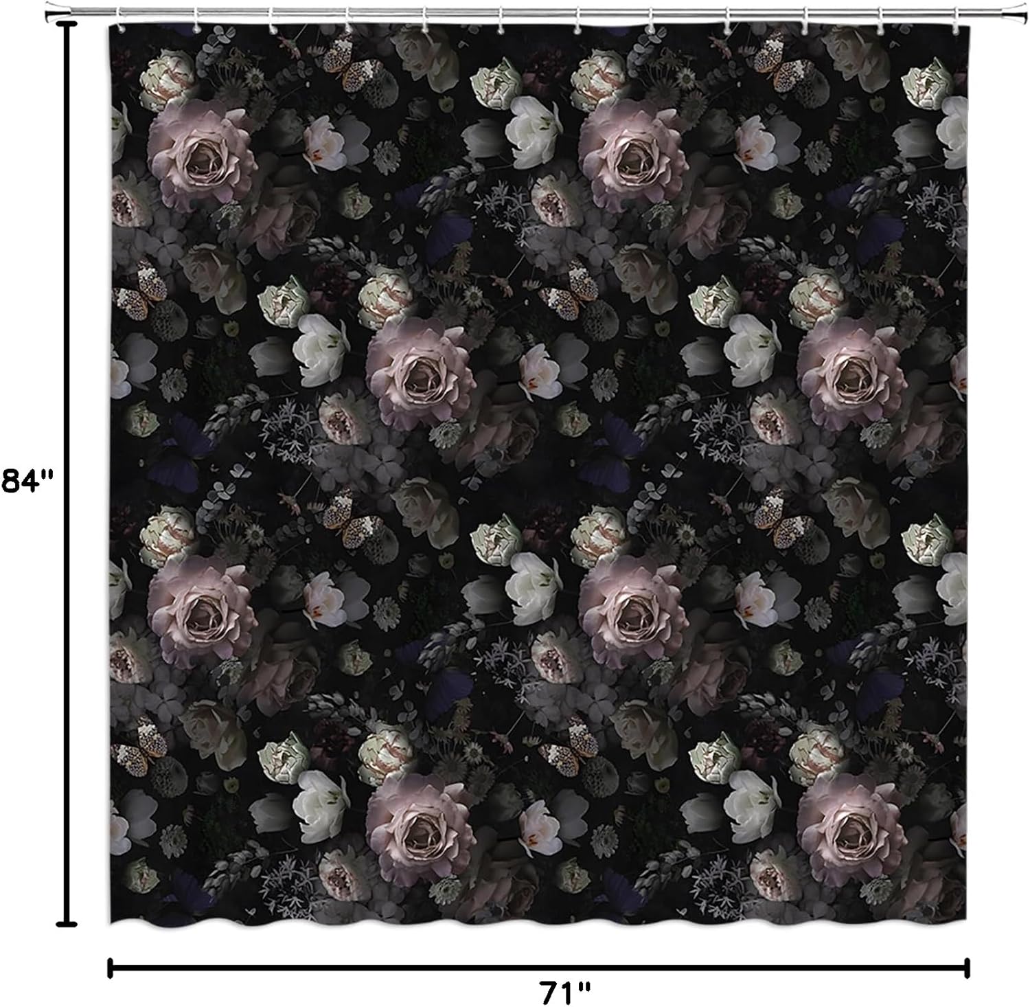 Black Floral Shower Curtain Vintage Flower Blossom Rustic Rose Peony Watercolor Spring Plant Bathroom Decor Polyester Curtains with Hooks