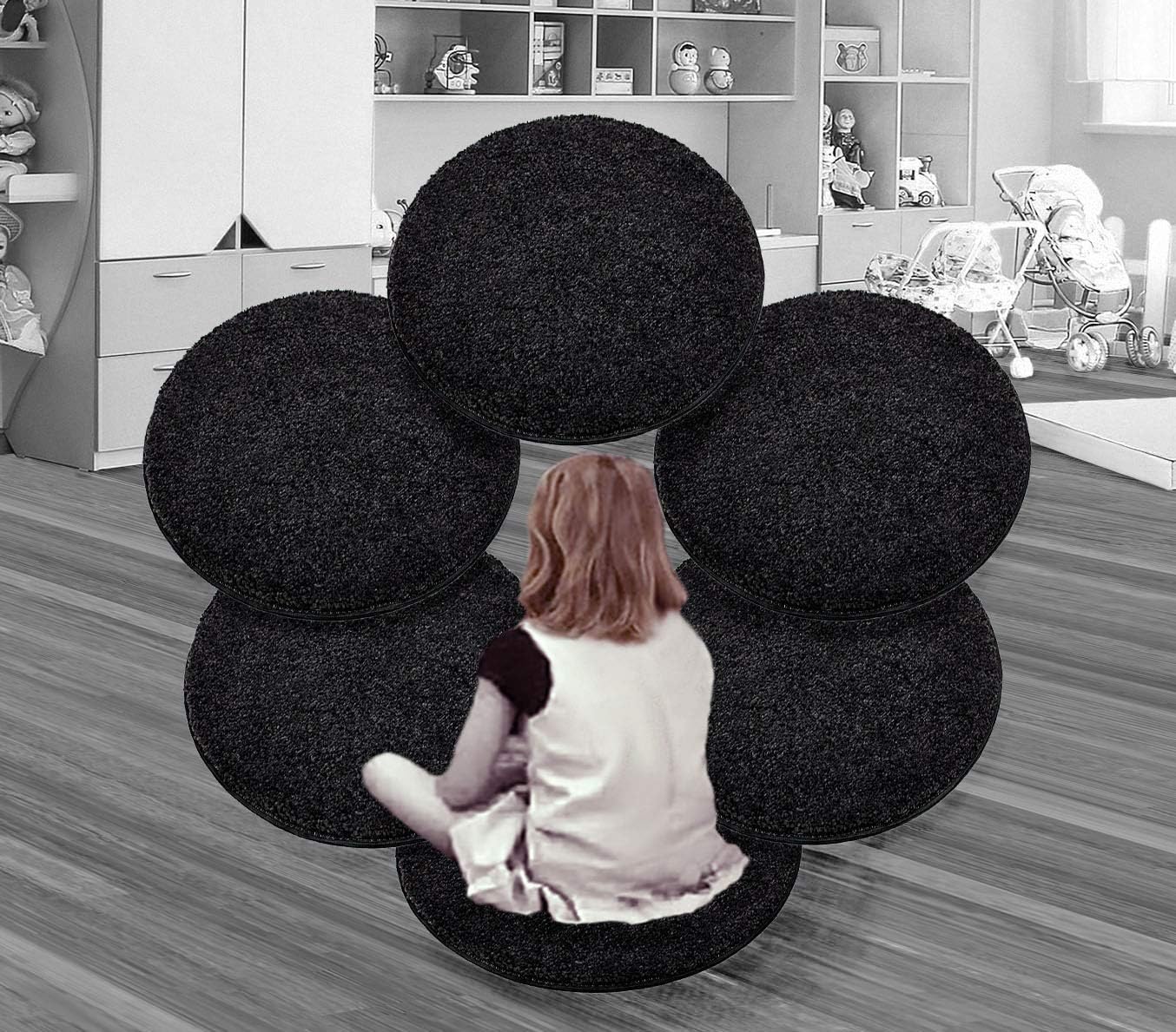 Set 6 Children's Crazy Carpet Circle Seats - 18" Round Rug Mats (Pirate Black)
