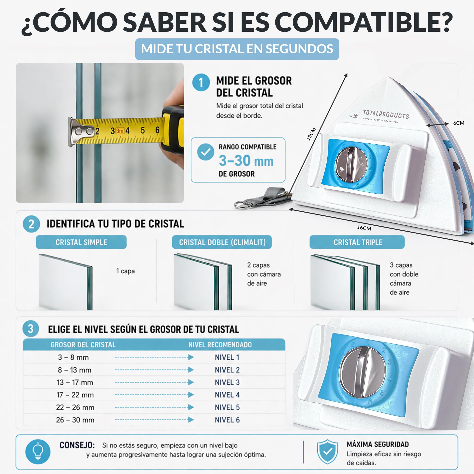 Limpia Cristales magnetico de 3 a 30mm, Limpia Ventanas climalit, limpiacristales Ajustable con iman, Pack de limpiaventanas + bayeta de Microfibra, para Uso Profesional y Personal.