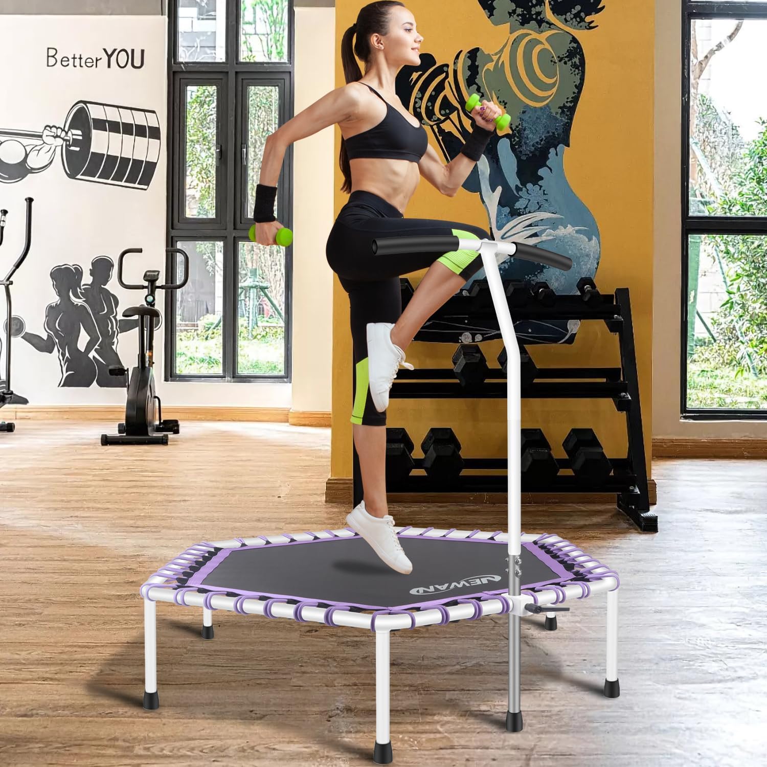 Newan 48'' Fitness Trampoline with Adjustable Handle Bar, Silent Trampoline Bungee Rebounder Jumping Cardio Trainer Workout for Adults - Max Limit 330 lbs - Image 8