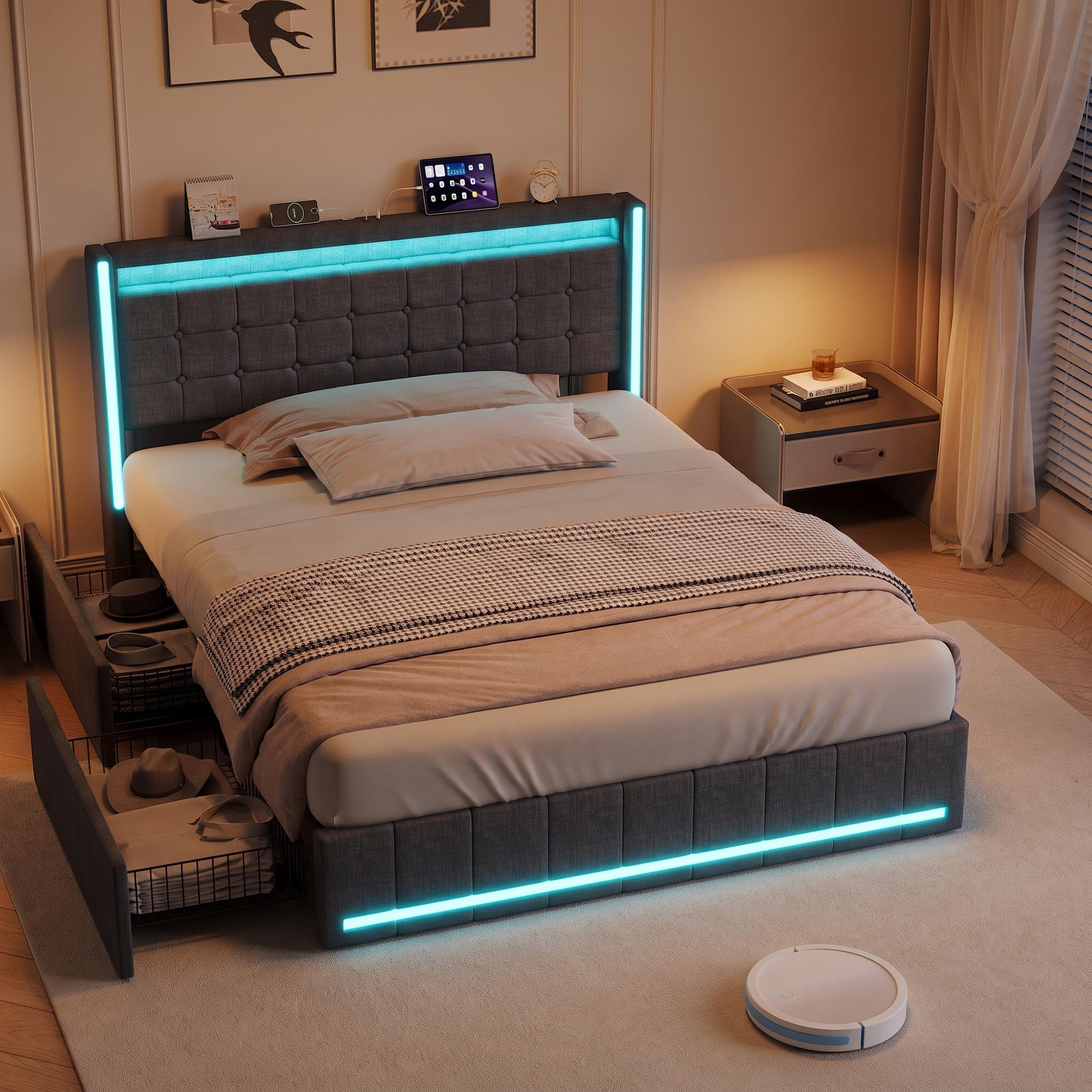 HYNHXBP King Size Bed Frame 150 x 200 with Storage Drawers, LED Bed Frame with RGB Lights, USB Charging Station, Upholstered Headboard, Wooden Slats, Storage Bed for Bedroom, Gray Linen Fabric