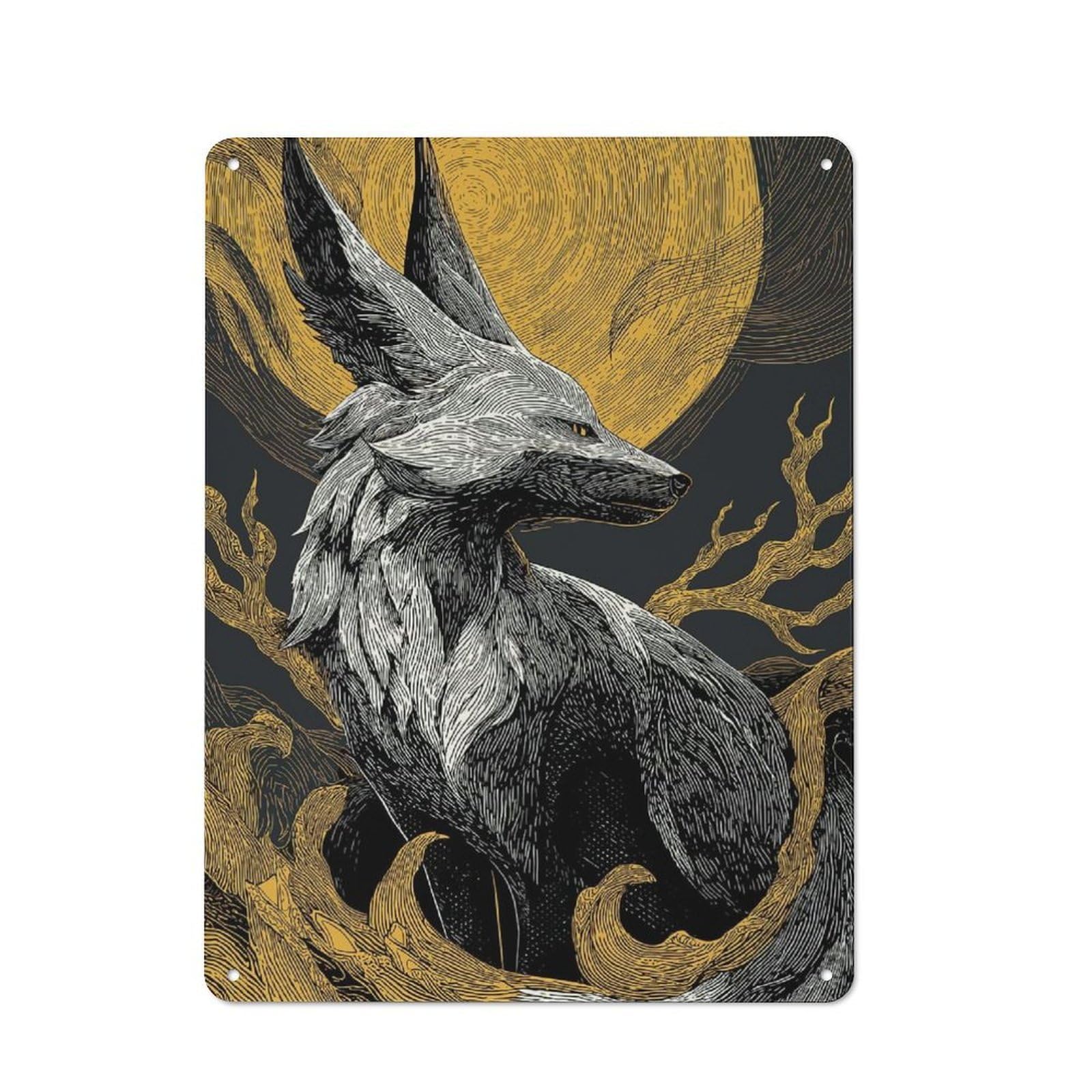 Junmoney Fox And Moon Illustration Tin Wall Plaque 40X30cm With For Workshop Wall, Suited To Workshop Decor Fans, For Retro Home Interiors