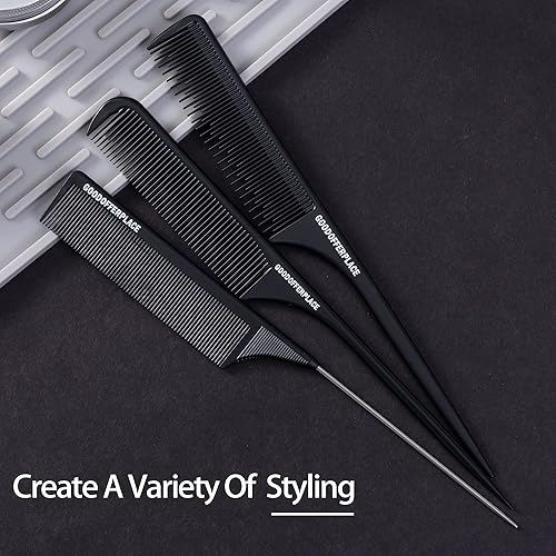 Miniatura 7 de Peines de cola de rata, 3 piezas, peines de cola de rata, peine de dientes finos de metal, peine desenredante para mujeres, niñas (negro)