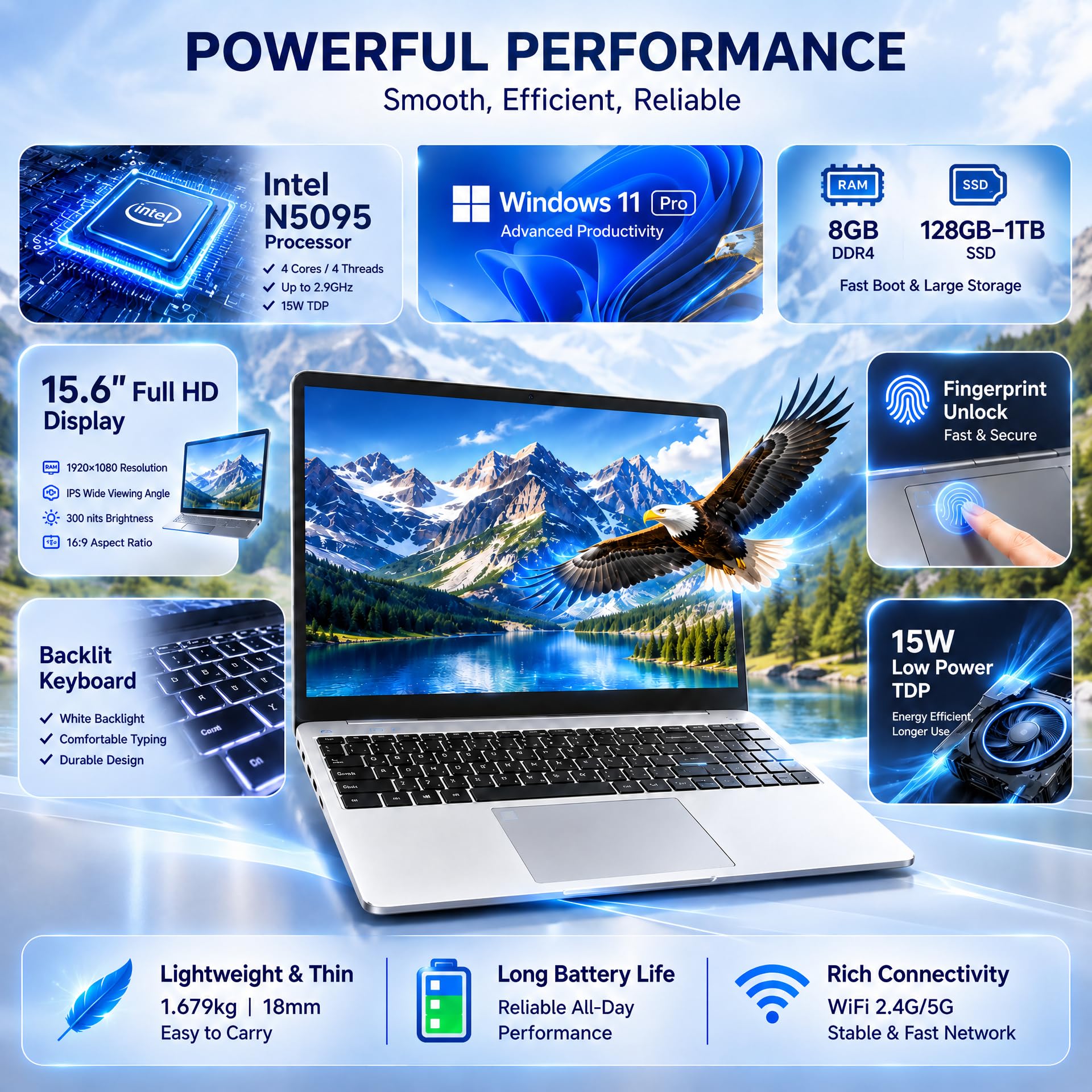 PC Portatile 15.6 Pollici FHD IPS,Notebook Win 11pro con Celeron N5095 (fino a 2.9GHz),8GB RAM DDR4, 128GB SSD,Tastiera Retroilluminata con Lettore Impronte,WiFi 5,USB 3.0,Mini HDMI,Argento